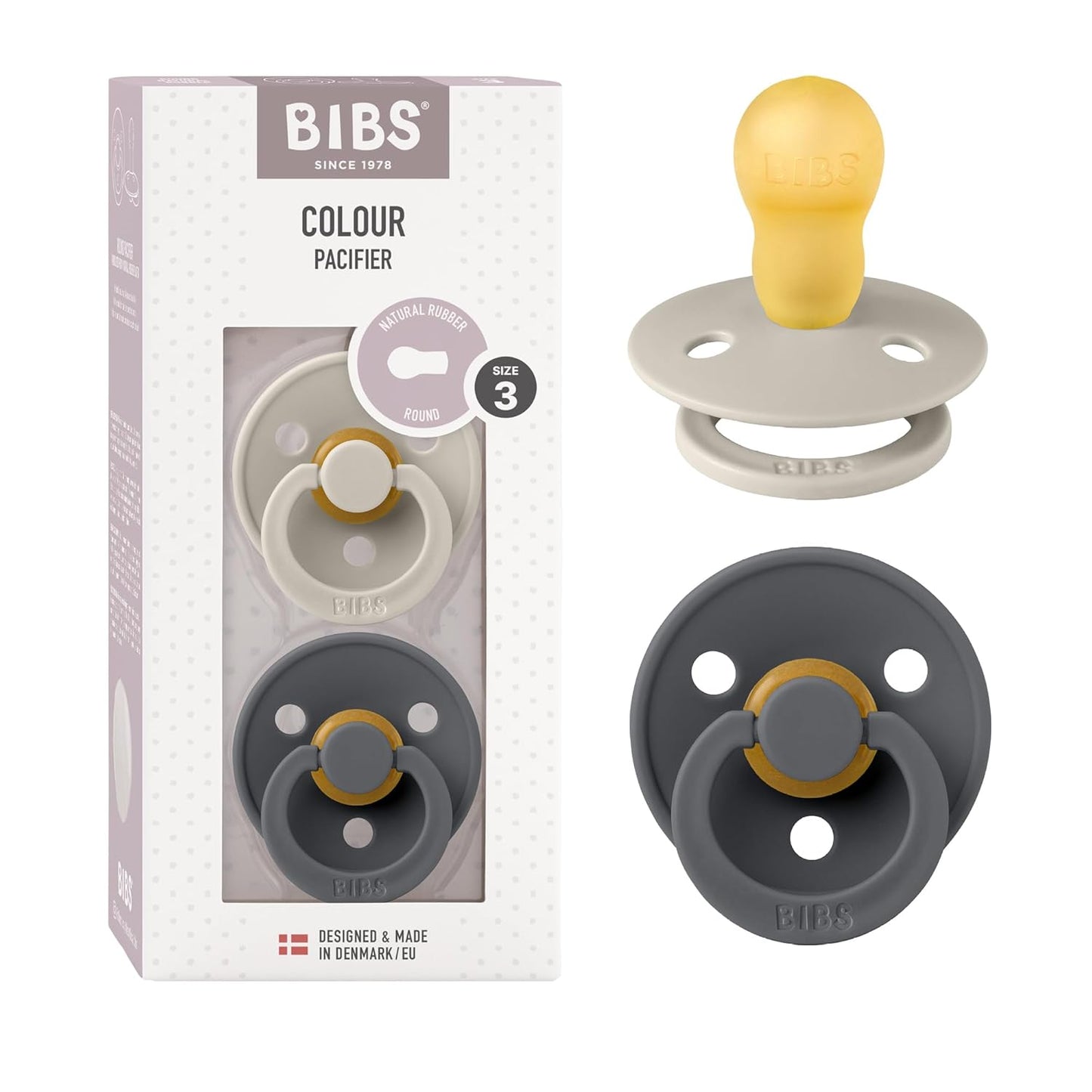 BIBS Pacifiers Colour Collection | Natural Rubber Baby Pacifier | Set of 2 BPA-Free Soothers | Made in Denmark | 18+ Months (Pack of 2) | Sand/Iron