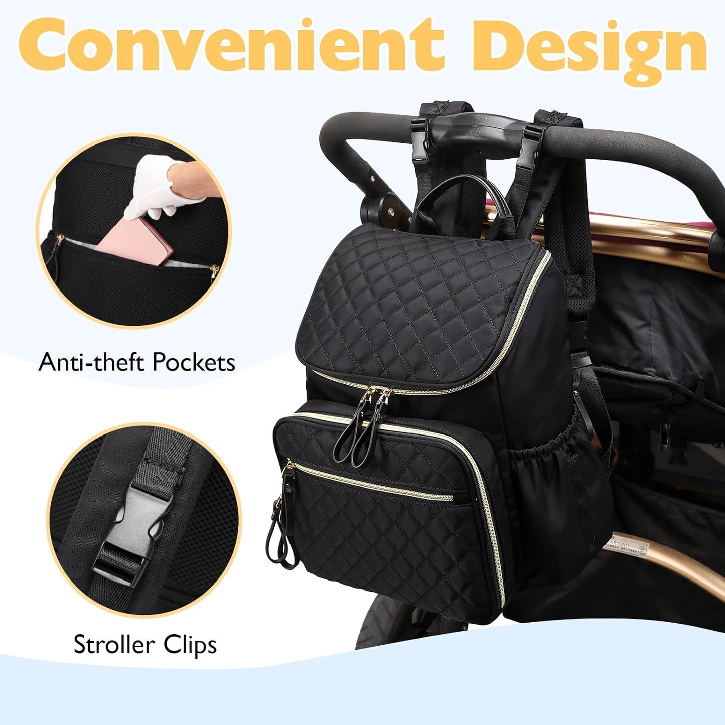Large Capacity Diaper Bag Backpack with Stroller Buckle, Water-Resistant Travel Baby Bag with Insulated Pockets (Classic, Black)