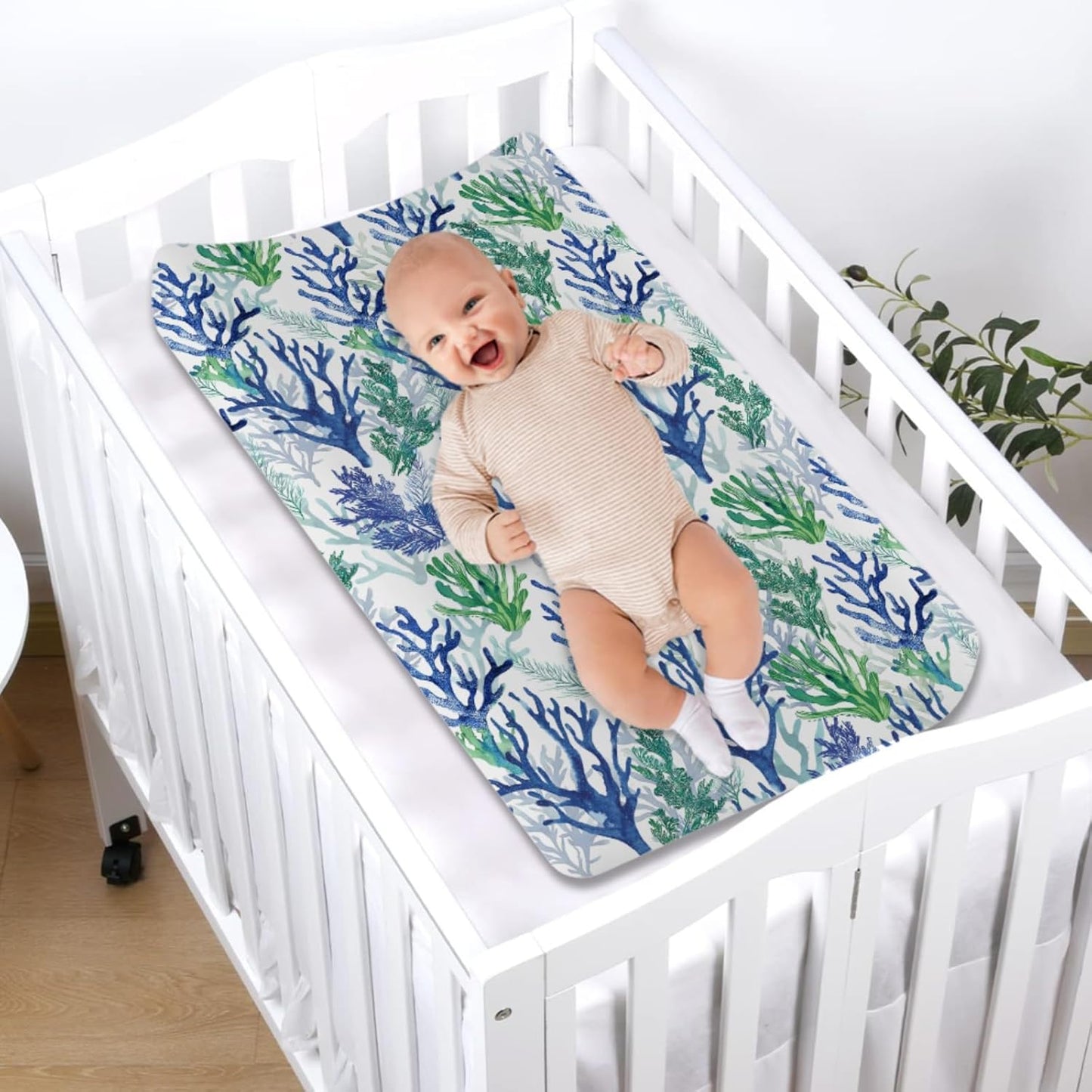 Blue Green Coral Reef Baby Changing Pad Covers for Boy Girl 32''x16'' Nautical Watercolor Coastal Fitted Diaper Change Table Sheets Beach Summer Sea Soft Breathable Nursery Baby Changing Table Mats