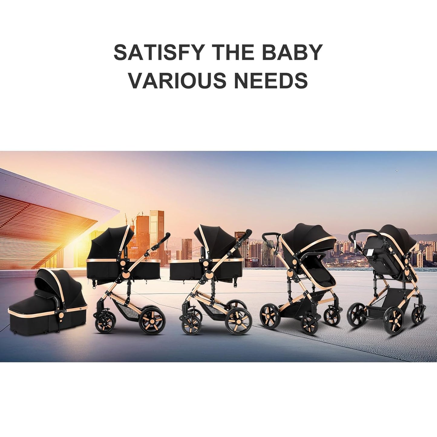 2 in 1 Baby Stroller, Convertible Pram, Reversible Standard Baby Stroller, Portable Baby Buggy, Infant Carriage, Foldable High Landscape Pushchair for Toddler Newborn (2US588-BLACK)