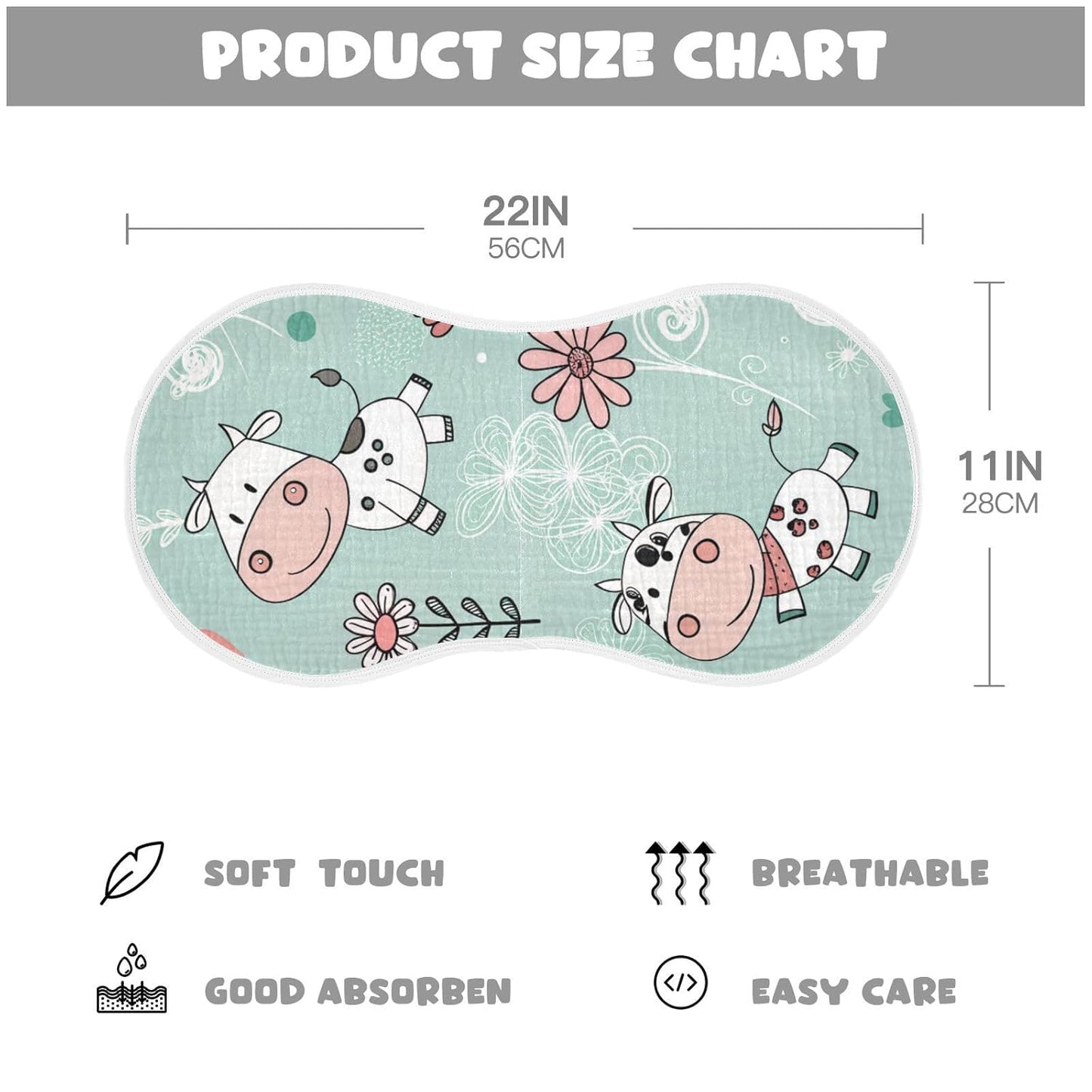 Kigai Cow Muslin Baby Burp Cloths, Large Absorbent Cotton Muslin Burp Cloths Set of 2, Washcloths, Face Towel, Bibs for Newborn Boys Girls, 11 x22 Inch