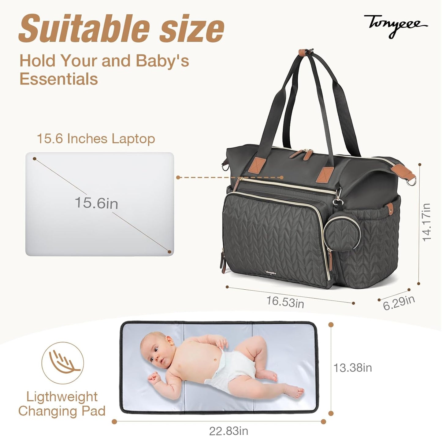 Diaper Bag Tote, Large Baby Diaper Bags Waterproof, Hospital Bag for Labor Delivery with Pacifier Case, Changing Pad, Shoulder Strap, Dark Gray