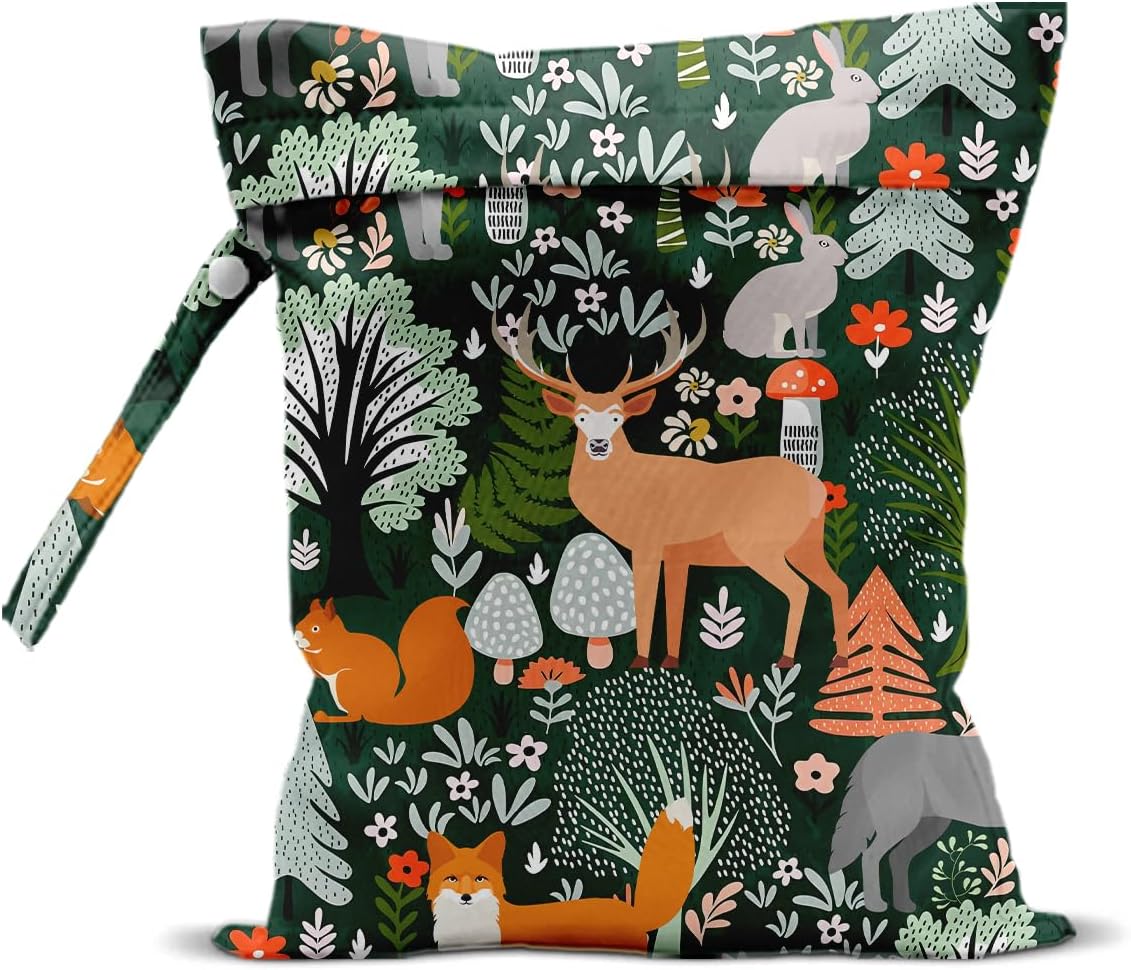 Forest Animal Wet Bags 12x10 Inch, Cottage Core Botanical Waterproof Travel Laundry Bags, Squirrel Fox Wolf Reusable Wet Dry Bag for Swimsuit Pool Beach Diapers Dirty Yoga Gym Clothes