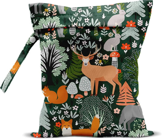 Forest Animal Wet Bags 12x10 Inch, Cottage Core Botanical Waterproof Travel Laundry Bags, Squirrel Fox Wolf Reusable Wet Dry Bag for Swimsuit Pool Beach Diapers Dirty Yoga Gym Clothes