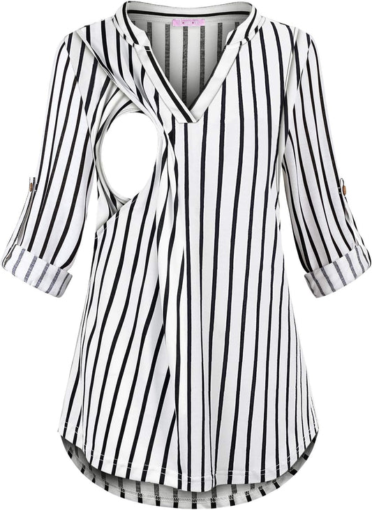 Joymom Maternity Rolled Long Sleeve Nursing Tops Tunic Blouses Breastfeeding