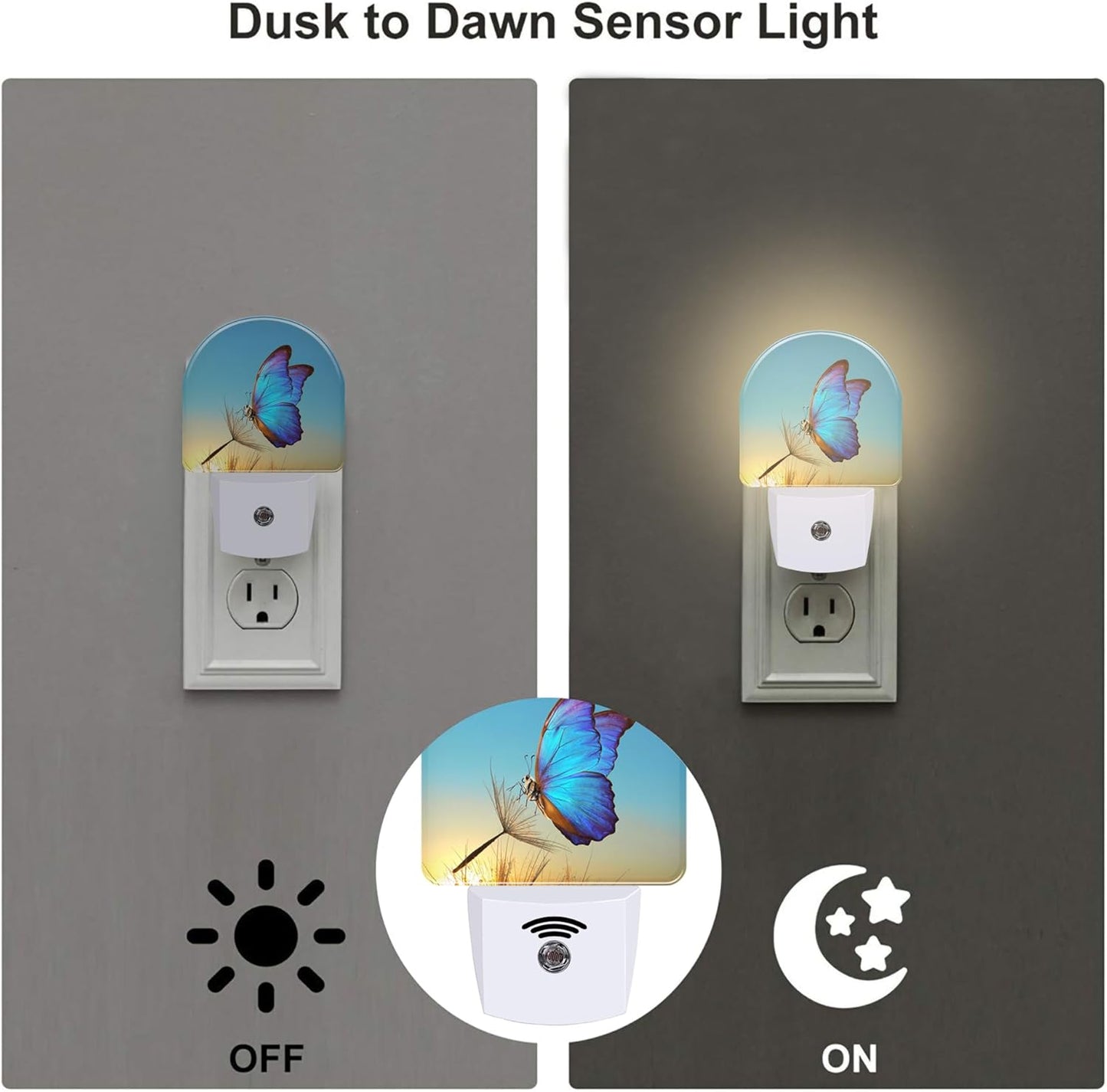 Blue Butterfly and Dandelion Night Light Plug into Wall, Butterfly in The Sunset Dusk to Dawn Night Light,0.5w Energy Saving Sleep Friendly Nightlights for Kids Boys Girls Home Decor