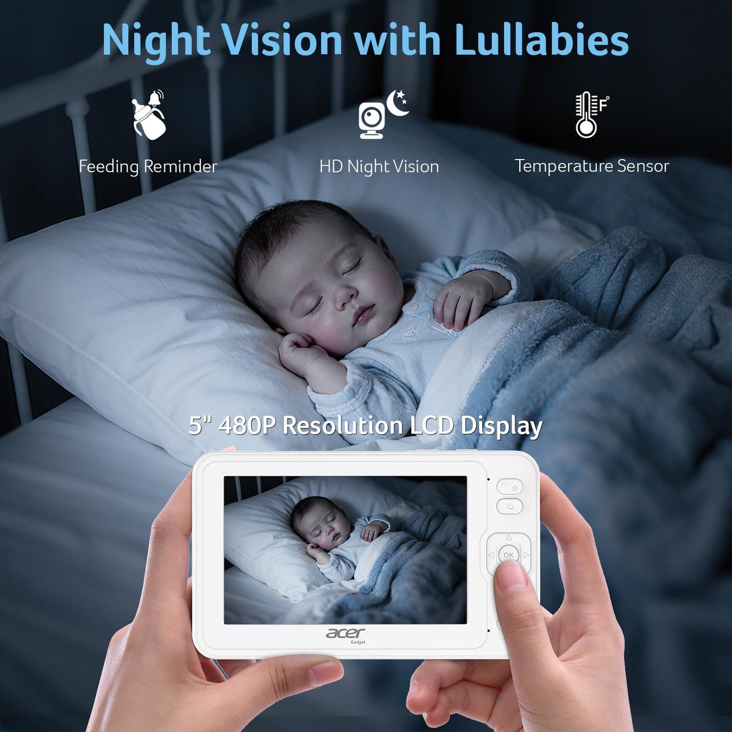 acer Video Baby Monitor 5” LCD Screen Monitor No WiFi with 1080P Camera and Audio for Crib 1000ft Range Remote Pan Tilt Night Vision, Temperature Sensor, 8 Lullabies, 2-Way Talk, Video Recording, VOX