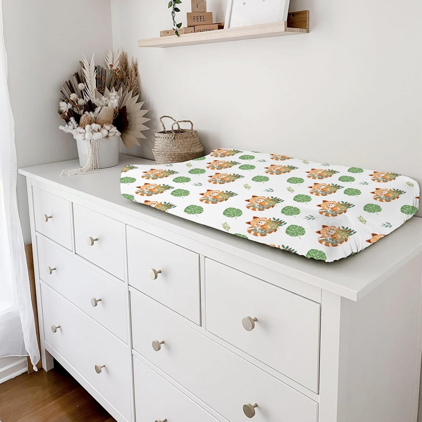 Cartoon Panda Tropical Leaves Changing Pad Cover Cute Panda Boho Leaf Unisex Diaper Change Table Sheets for Boy Girl Animal Wildlife Soft Stretchy Snug Fitted Diaper Changing Pad Cover Mats 32''x16''