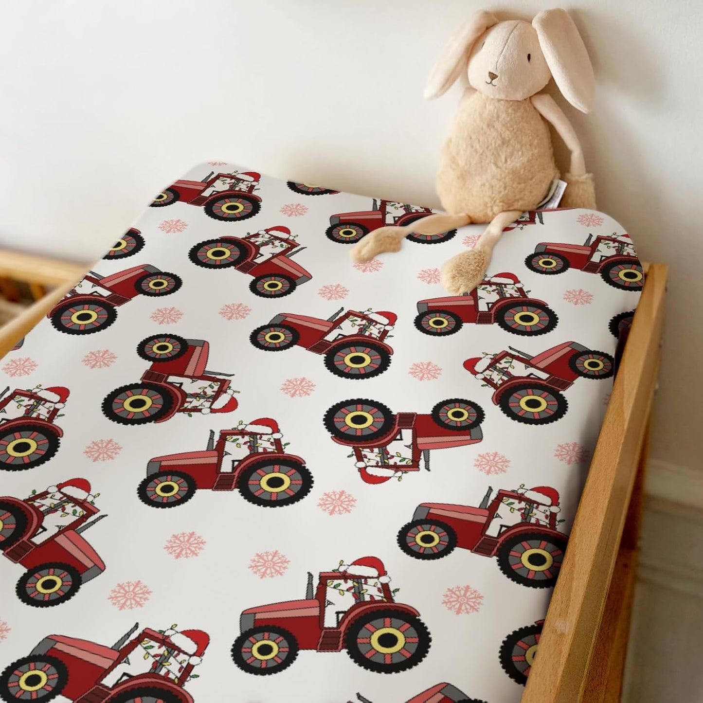 Red Tractors Snowflakes Baby Changing Pad Covers for Boy Girl Christmas Farm Tractor Harvest Fitted Change Table Cover Mats Farmhouse Trucks Vehicle Soft Diaper Changing Table Sheets 32''×16''