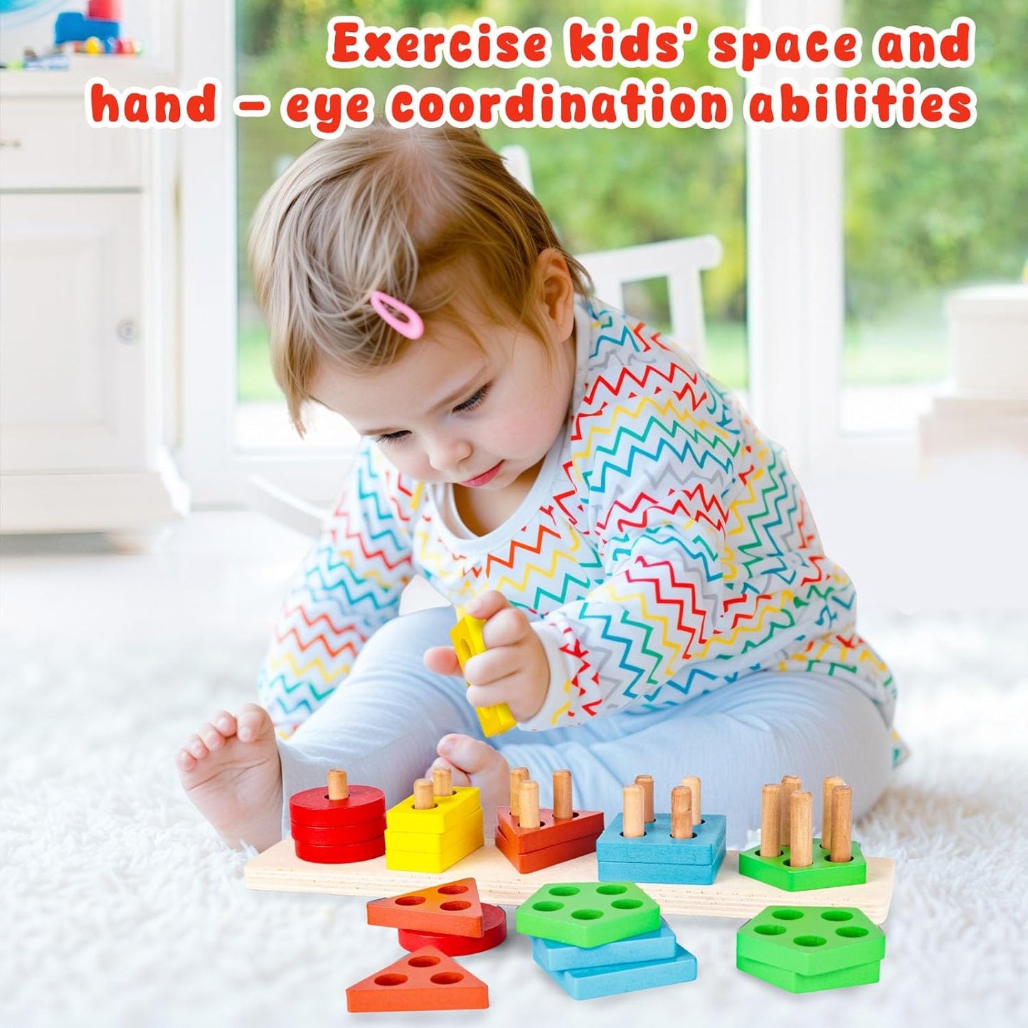 LovesTown Stacking and Sorting Learning Puzzles, Montessori Wooden Sensory Toys for Toddlers, 20 PCS