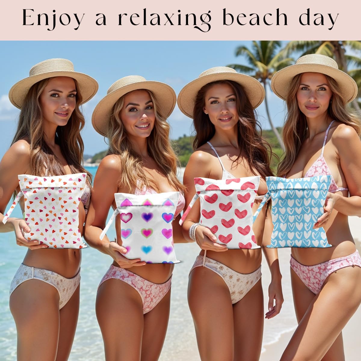 4 Pack Wet Bag for Swimsuit, Beach Travel Essentials Wet Dry Bag, for Sunscreen Toiletry Dirty Clothes Yoga Gym Diaper, Friend Summer Beach Vacation Gifts. Various heart shapes