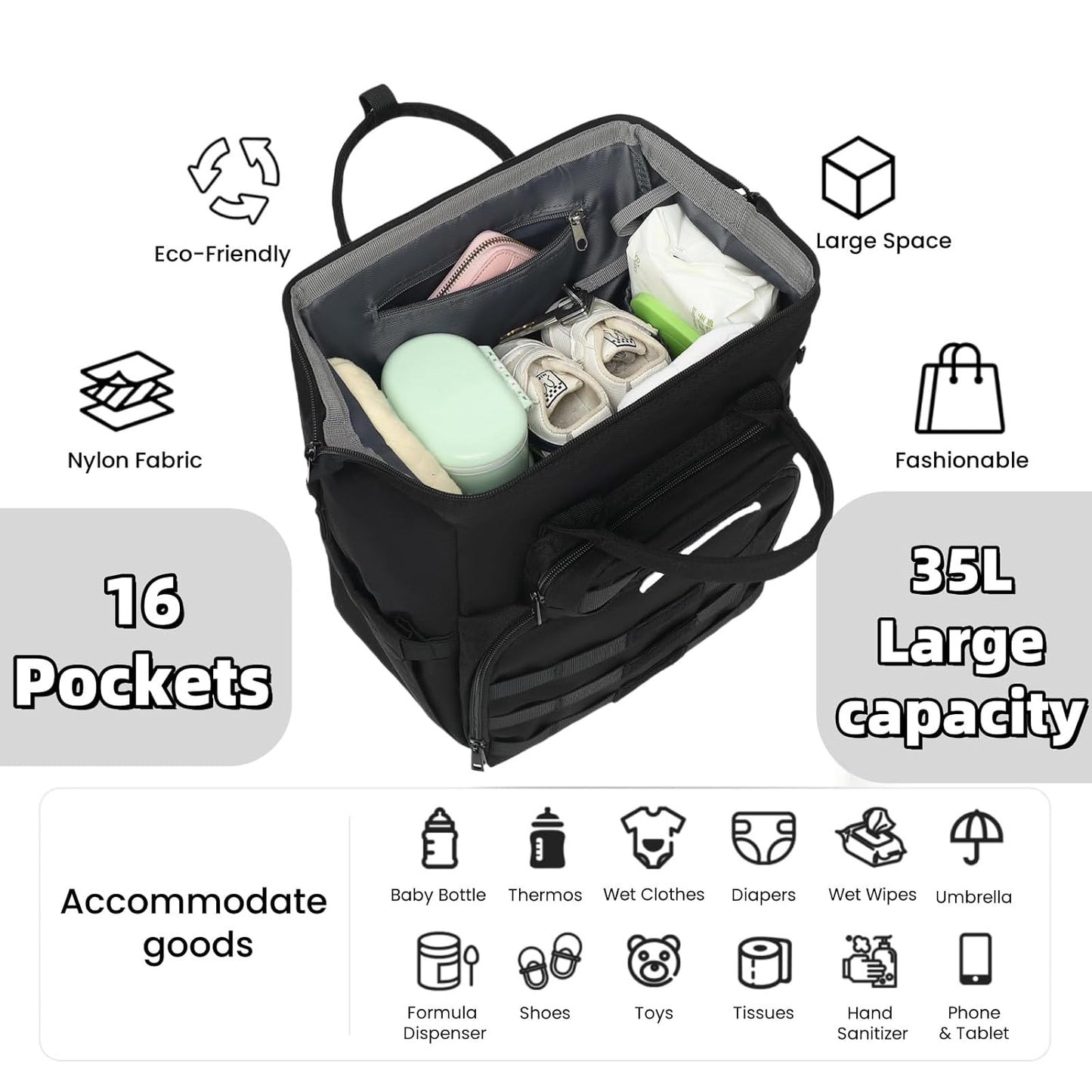 Diaper Bag Backpack for Dad and Men, Large Travel Baby Bag with Changing Pad, Pacifier Case, Removable Flag Patch - Baby Shower Gifts - Shadow Black