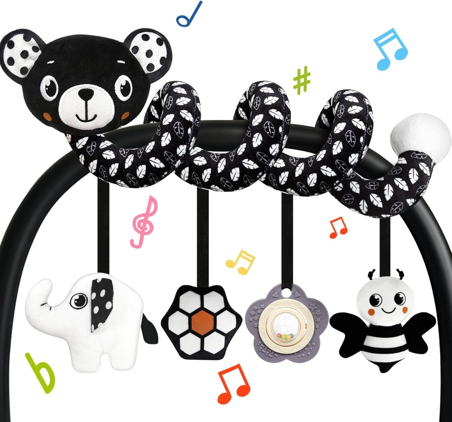 TSYAN Car Seat Toys for Babies 0-6 Months,Hanging Rattle Toys for Crib Mobile, Baby Spiral Hanging Stroller Black and White High Contrast Toys for Newborn 0 3 6 9 12 Months Baby Boys Girls (Bear)