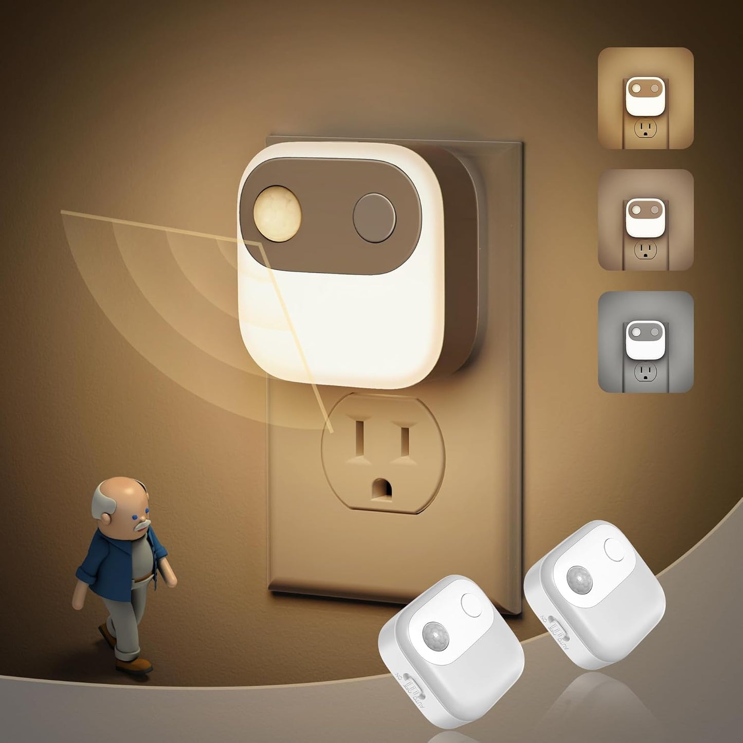 JandCase Motion Sensor Night Light, Night Lights Plug into Wall 2 Pack, 3000K/4000K/5000K Motion Activated Night Light, Light Sensor & Motion Sensor Nightlight for Bedroom, Stairs, Hallway