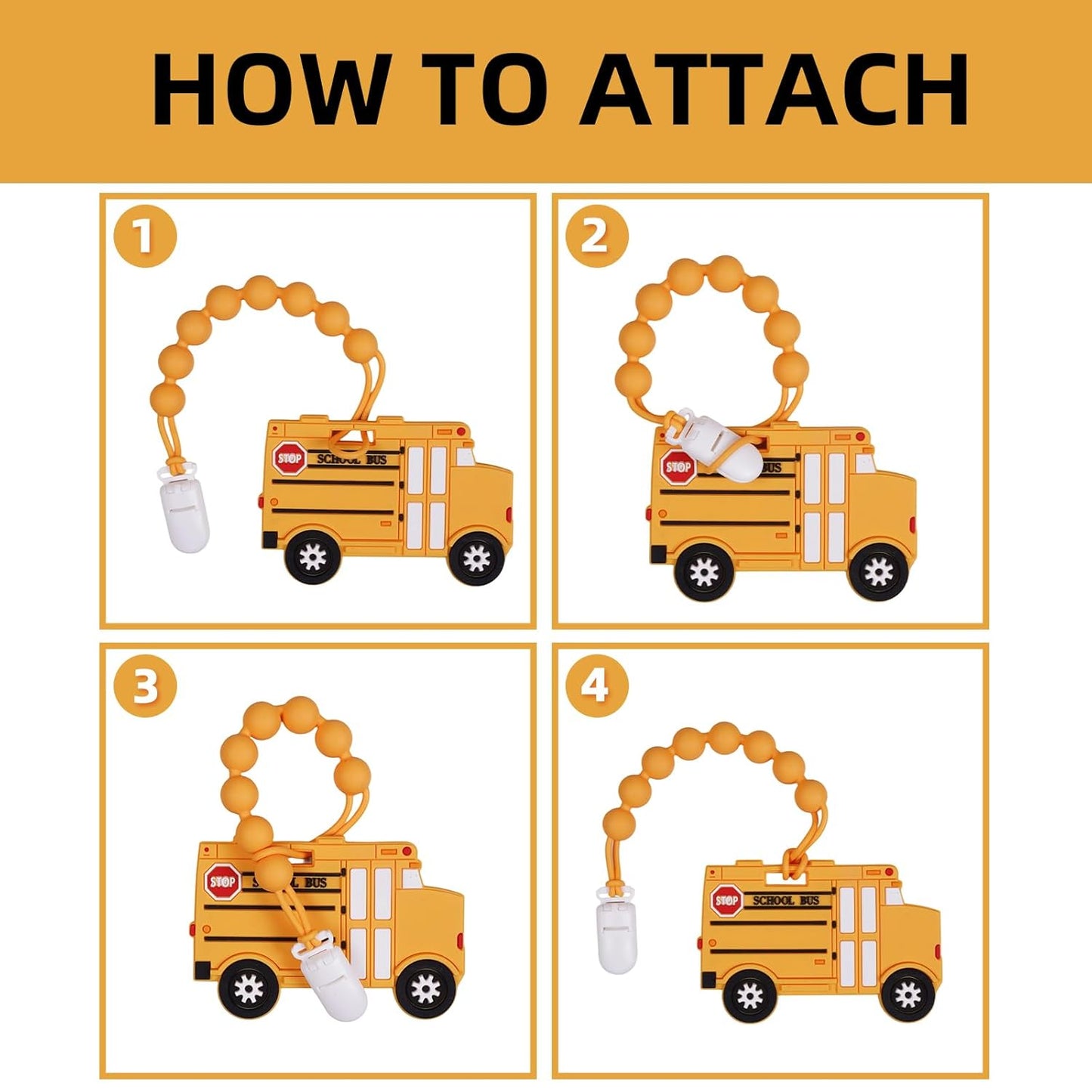 Baby Food Grade Silicone Carrier Vehicle Teether Toy with Pacifier Clip Holder,Teething Toys Gift Set for 3 Months+ Boys and Girls,Freezer Safe,BPA Free.(School Bus)