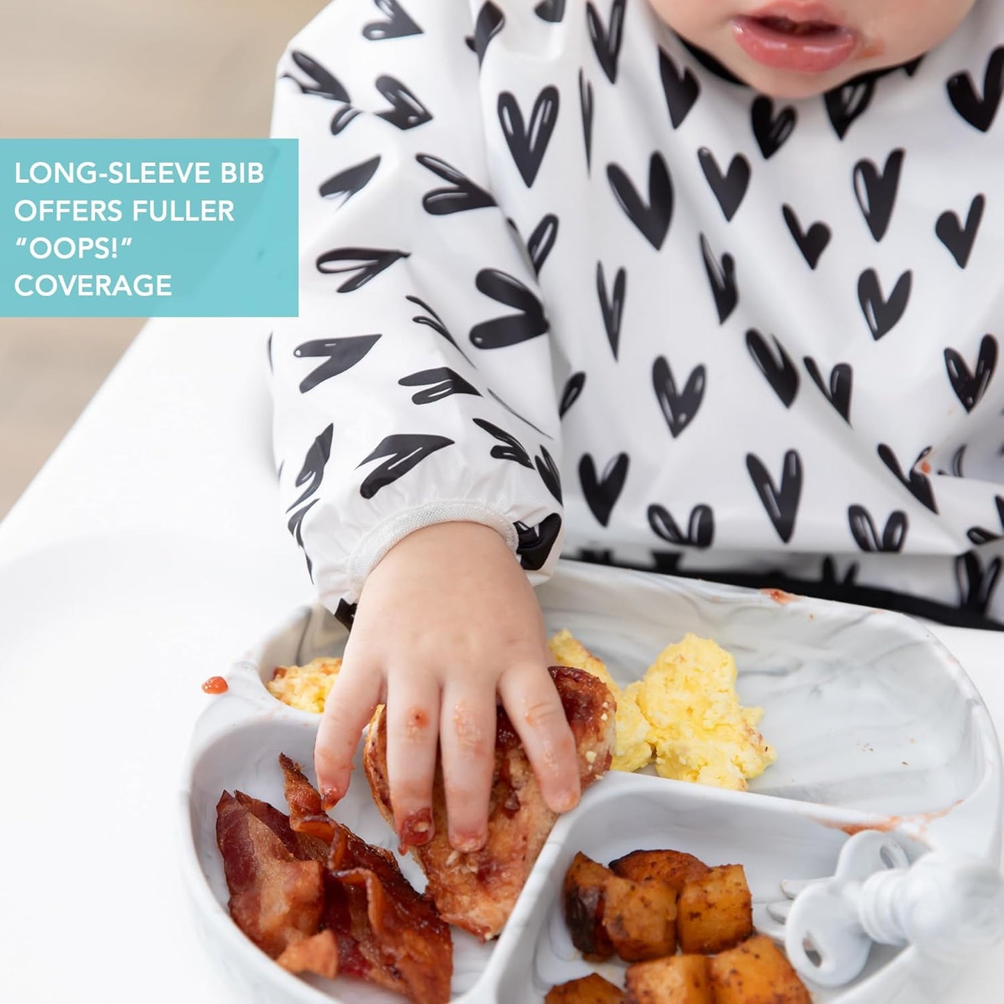 Bumkins - SuperBibs + Sleeved Bib - For Boys & Girls, Babies & Toddlers 6-24 Months - Lightweight, Durable, Waterproof - Catch-All Pocket - Wipeable & Machine Washable - Black Hearts on White - 3 Pack