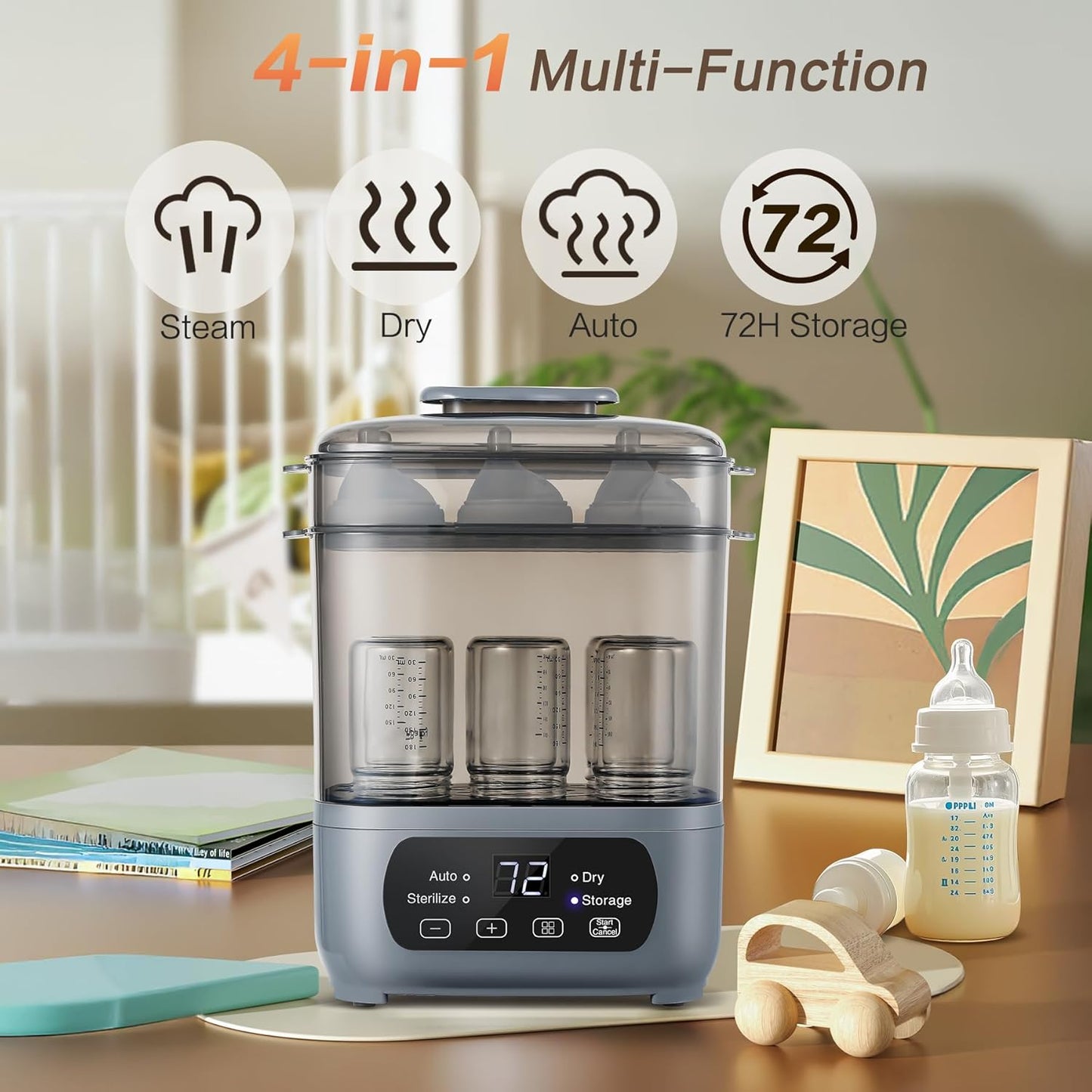 4-in-1 Baby Bottle Steamer and Dryer, Electric Steamer with Fast Drying, Universal Fit for All Bottles, LED Touch Screen & Auto Shut-Off Protection (Grey)