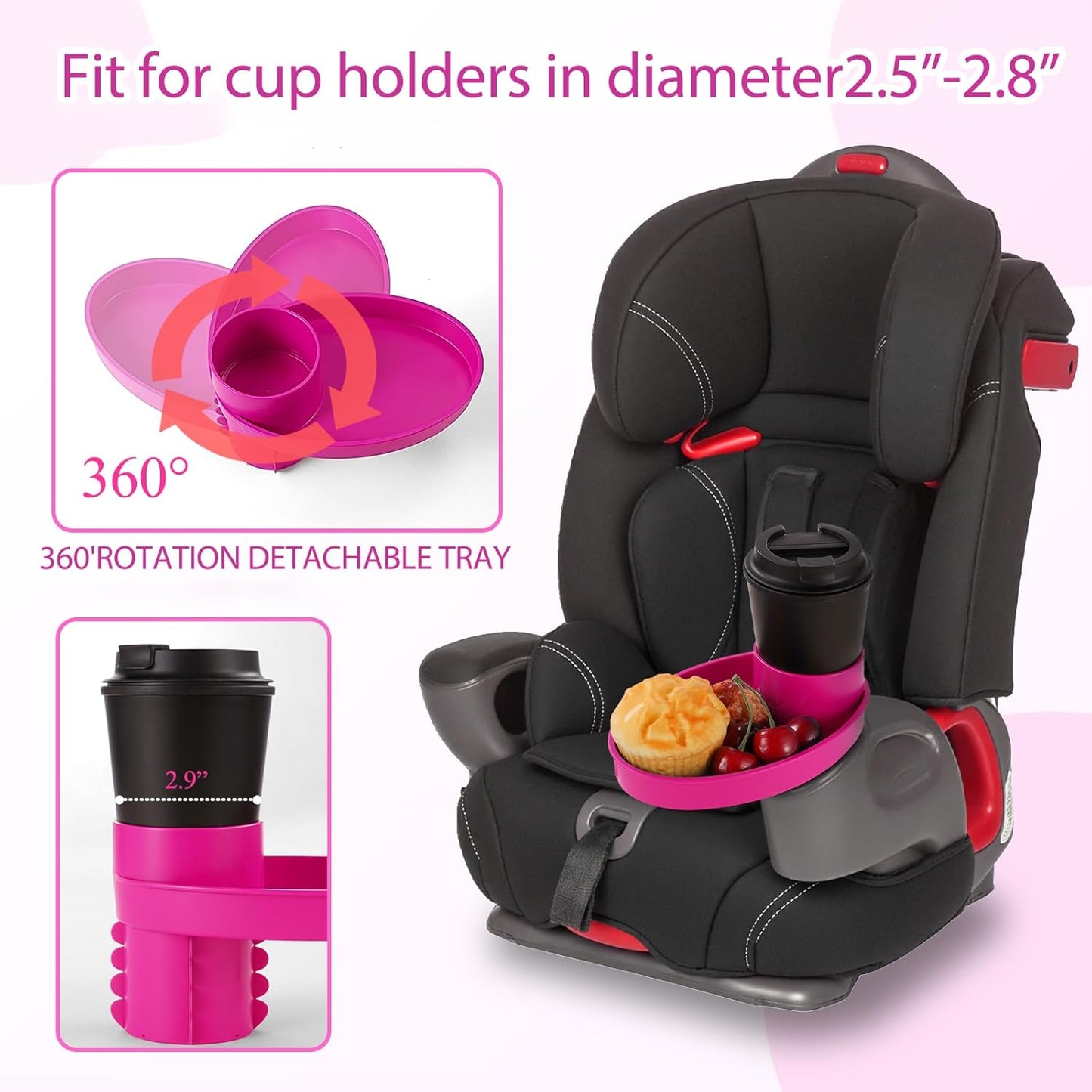 Car Seat Tray - Easily Expands Snack Tray Cup Holder Tray into 360° Cup & Travel Tray for Kids Car Seat, Booster, and Stroller (Pink)