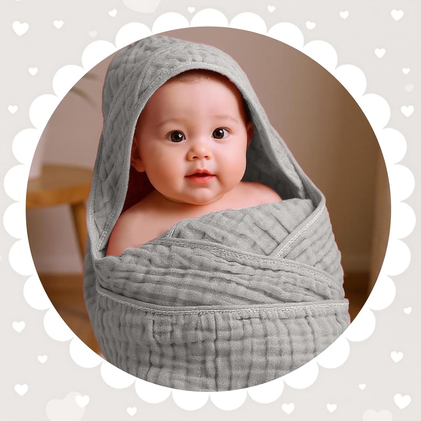 Peryiter 4 Pcs Muslin Hooded Baby Towels, 32"x 32" Cotton Newborn Bath Towel Muslin Infant Baby Blankets Absorbent Unisex Christmas Registry Gift Essentials for Girls Boys (Green,Gray,Beige)