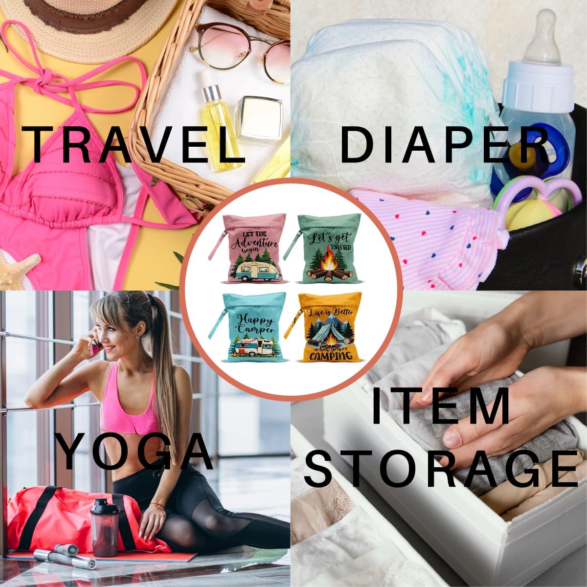 4 Pack Camping Gifts Wet Bag Waterproof Reusable Wet Dry Bag for Swimsuit Diaper Travel Beach Pool Toiletries Funny Novelty Gifts for Campers Camping Accessories for Rv Camper Mama Birthday Christmas