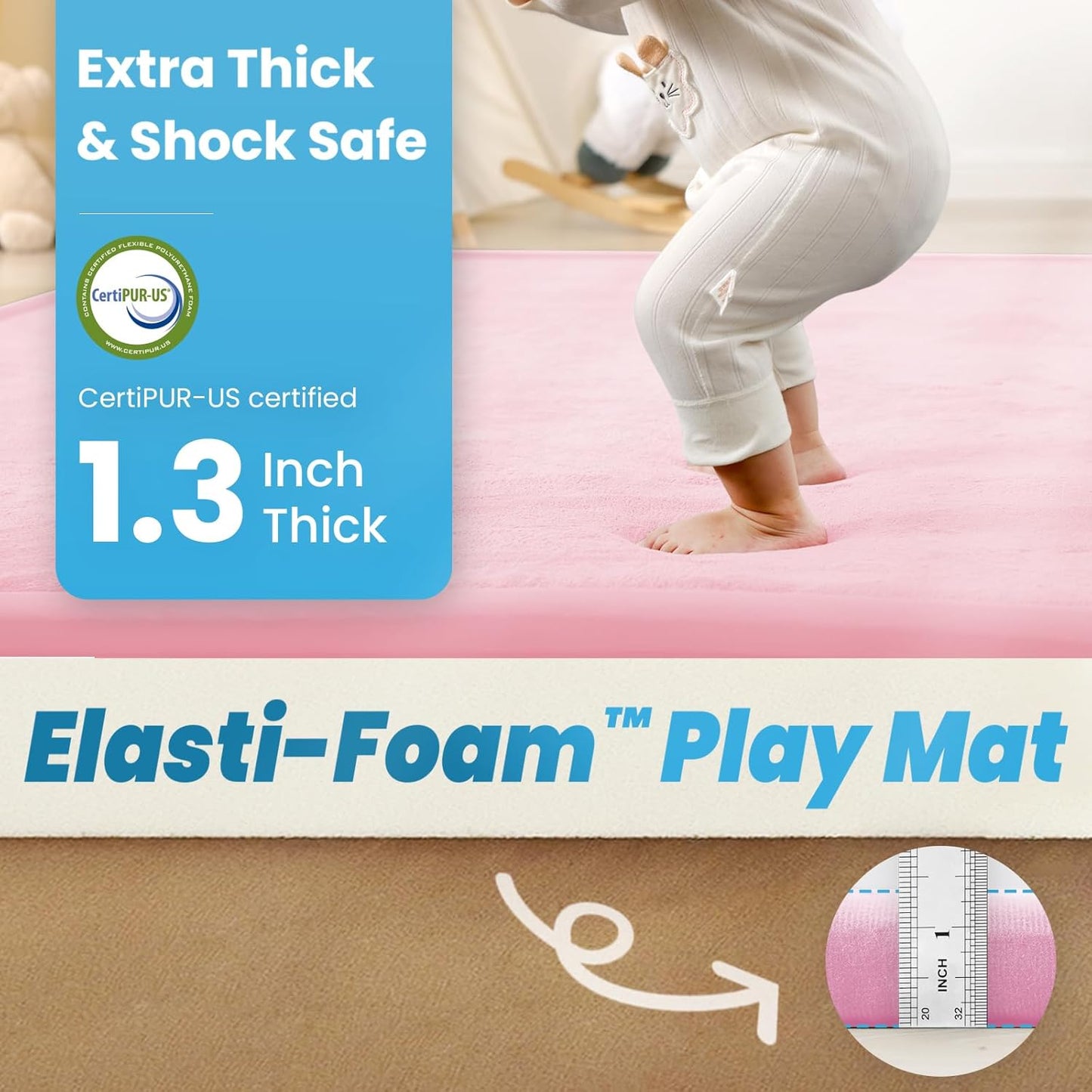 1.3" Thick Baby Play Mat for Floor, 39x59 Foam Tummy Time Mat, Padded Support Soft Plush Nursery Rug for Infant Kids Toddler Crawling Kick Activity (Pink)