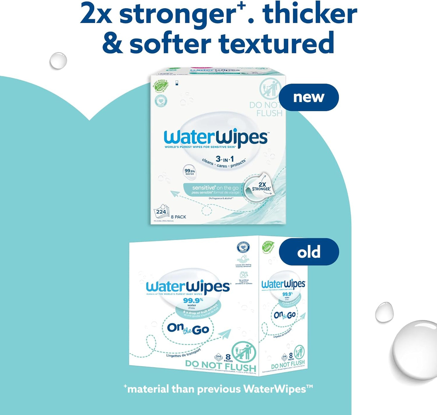 WaterWipes Sensitive+ On The Go Wipes, 3-In-1 Cleans, Cares, Protects, 99.9% Water, Unscented & Hypoallergenic Wet Wipes, 224 Count (8 Packs)