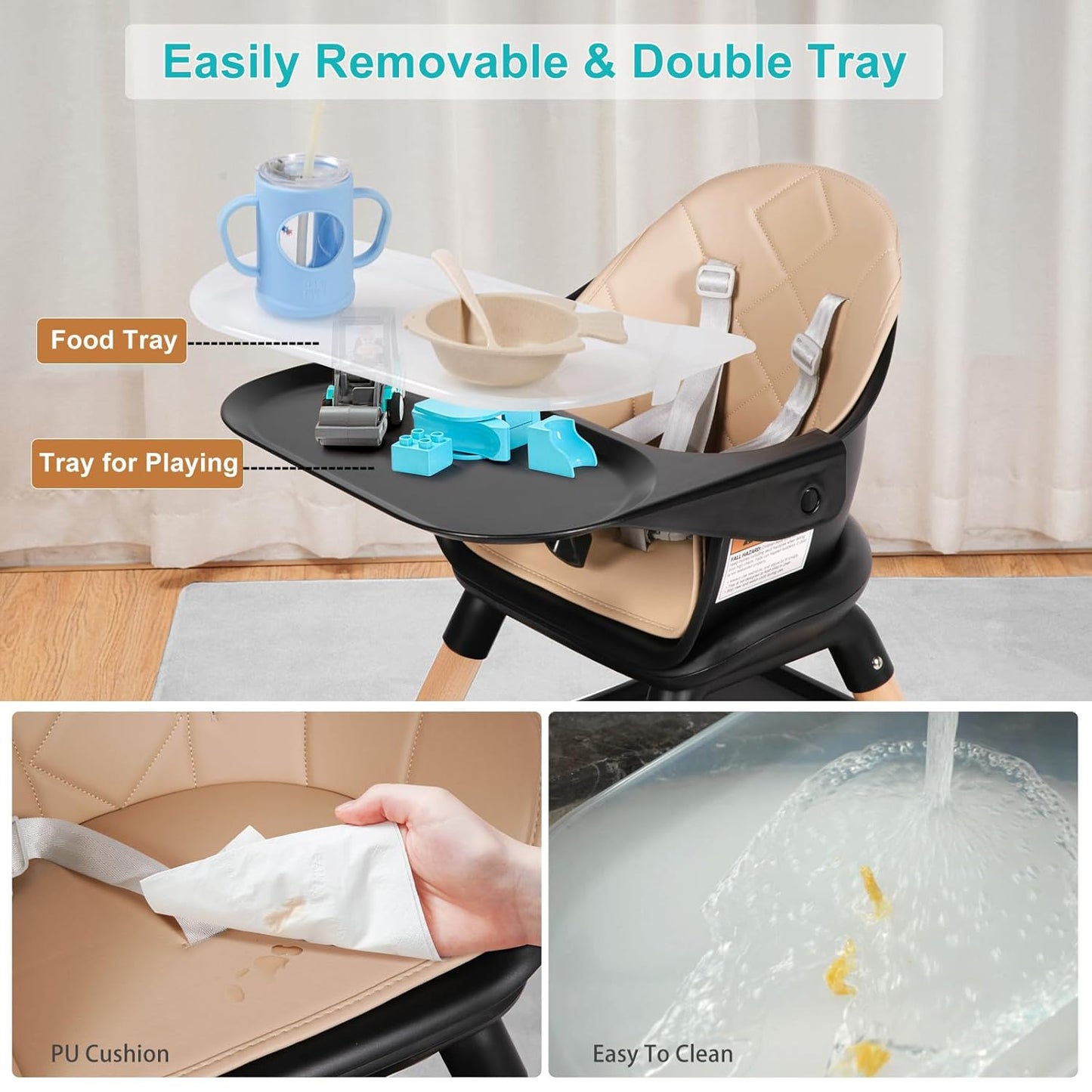 High Chair, 6 in 1 Wooden Convertible High Chairs for Babies and Toddlers, Booster Seat with Double Tray & Reversible Footrest Baby Highchair, 5-Point Harness Baby Feeding Chair, Black