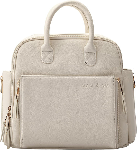 Ayla & Co Mini Bag, Transitional Minimal Diaper Bag, Vegan Leather, with Expandable Pockets, Built-In Wallet, Organizer