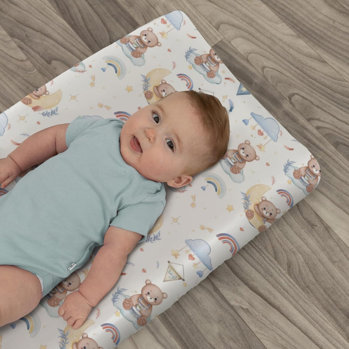 Watercolor Bear Rainbow Blue Changing Pad Covers for Baby Boys Cute Bears Moon Stars Clouds Fitted Change Table Covers Mats Animal Soft Diaper Changing Table Sheets for 32''×16'' Contoured Pad