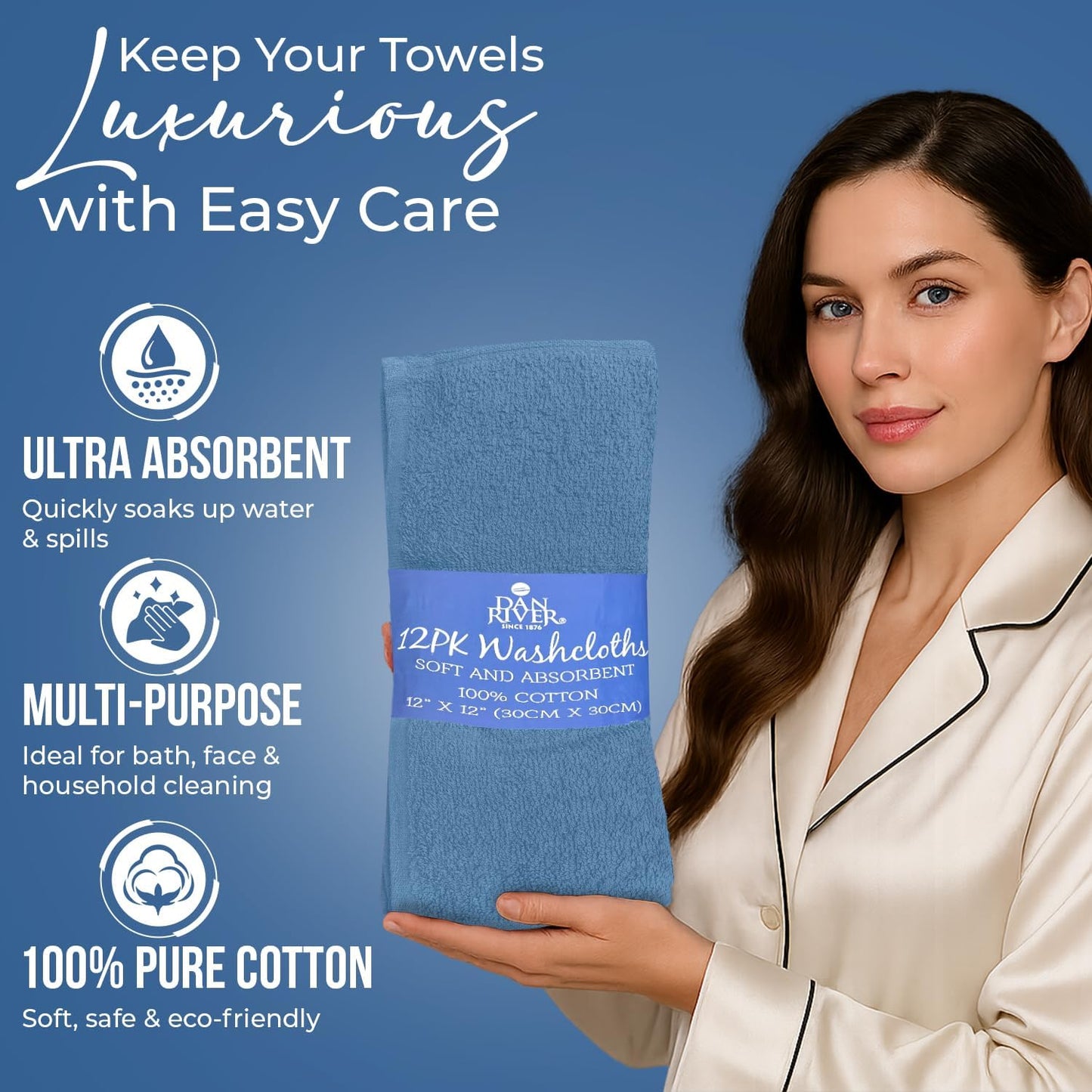 DAN RIVER 100% Cotton Wash Cloths 12 Pack [12x12] Soft & Absorbent wash Cloths for Your face, Gym, Hotels & Spa Perfect for Everyday Use Fingertip Towels, Medium Blue