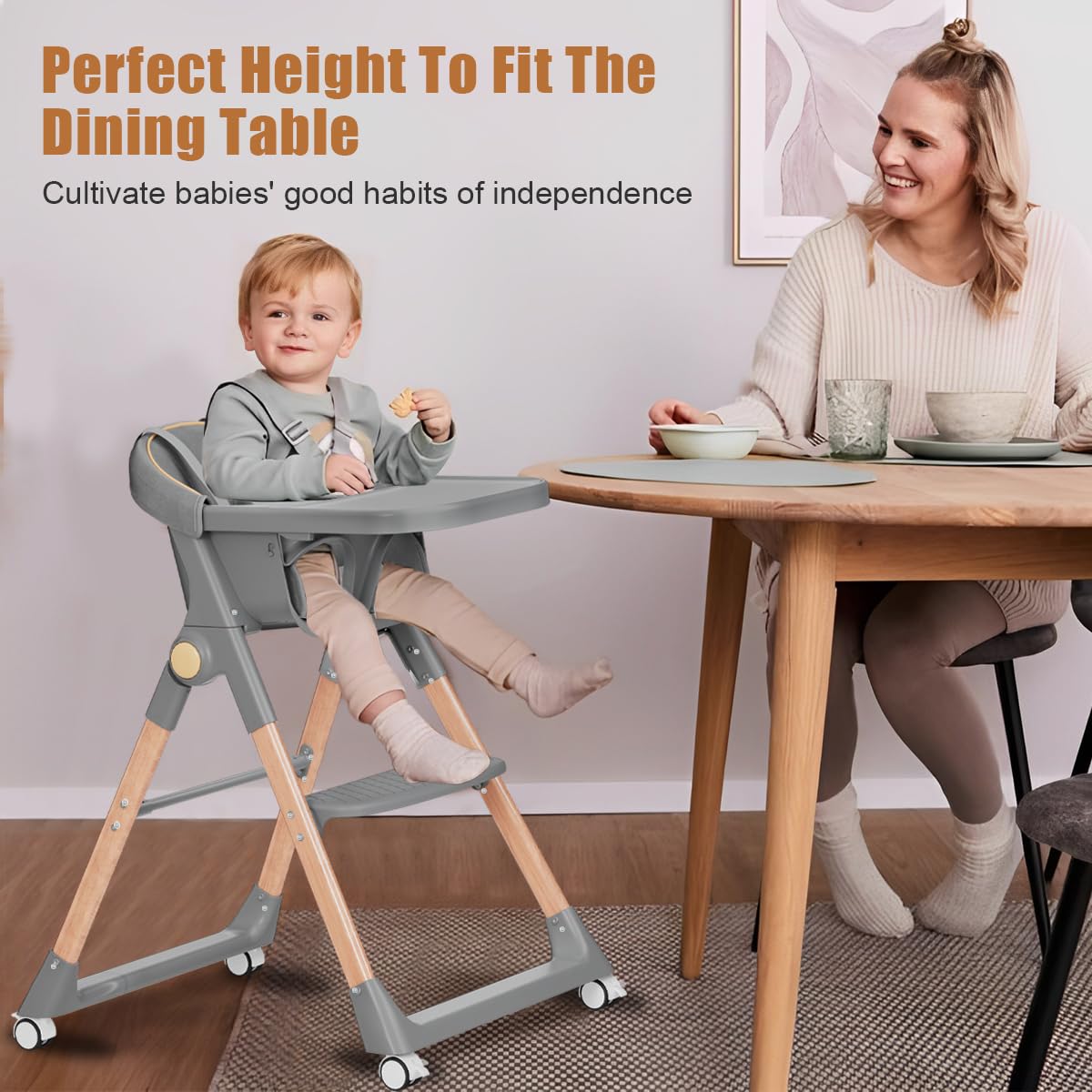 Baby High Chair, High Chairs for Babies and Toddlers, Convertible Folding High Chair with Wheels, Removable Tray 5 Point Harness Footrest Detachable PU Cushion, Portable Highchair for Baby Toddlers