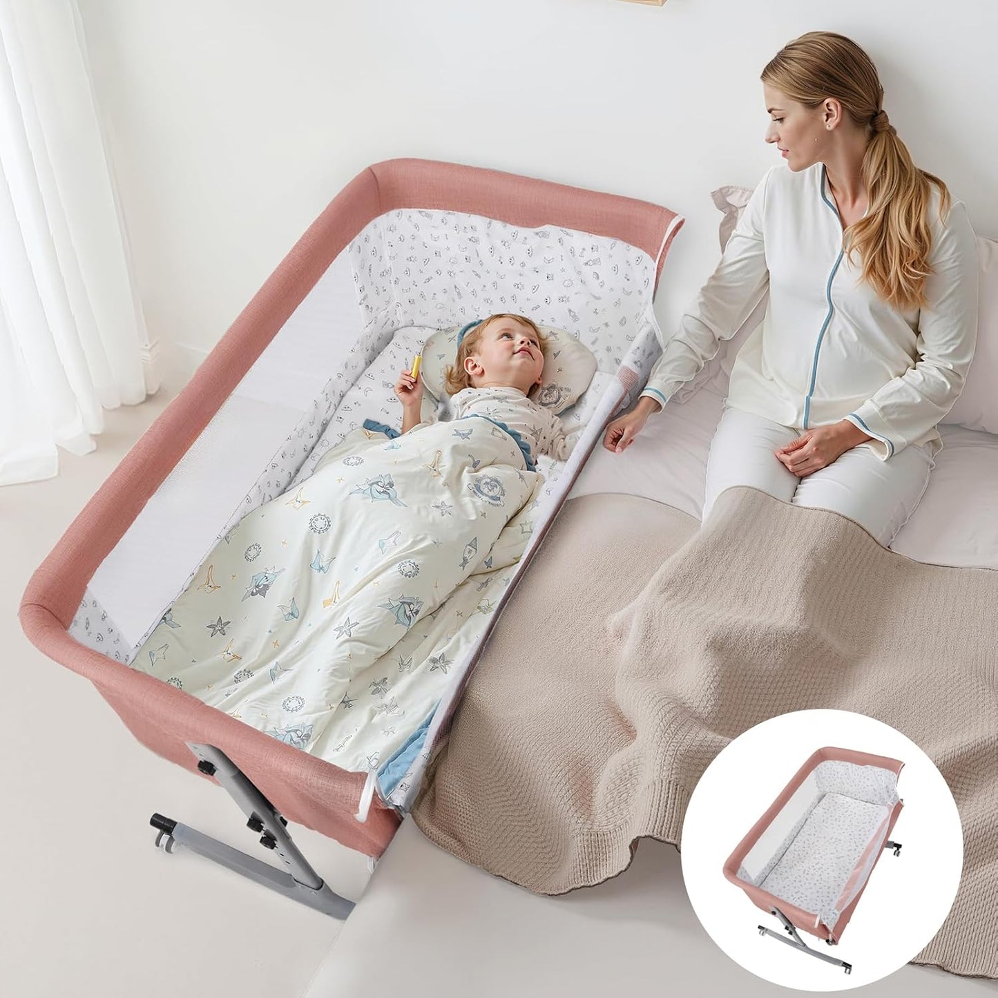 3-in-1 Baby Bassinet Bedside Sleeper for Newborns & Infants - 6-Level Height Adjustable, Portable Convertible Bassinet/Cradle with Mosquito Net, Storage Basket & Wheels,Easy Assemble (Pink)