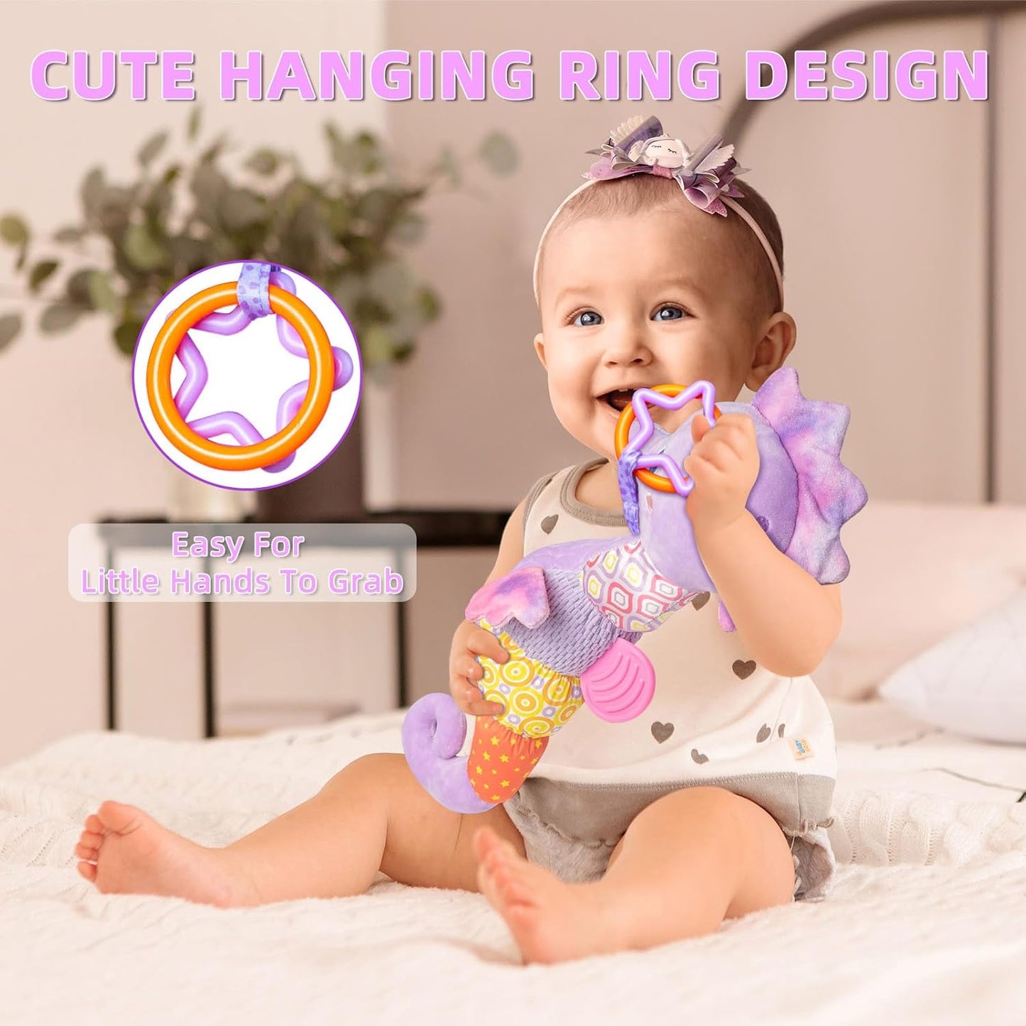 Baby Toys 0-6 Months,Infant Musical Seahorse Stuffed Animals Sensory Toys with Bright Colors,Multiple Textures,Rattles & Crinkle Sound Paper,Tummy Time Toy for Newborn Boys Girls 0-12 Months-Purple