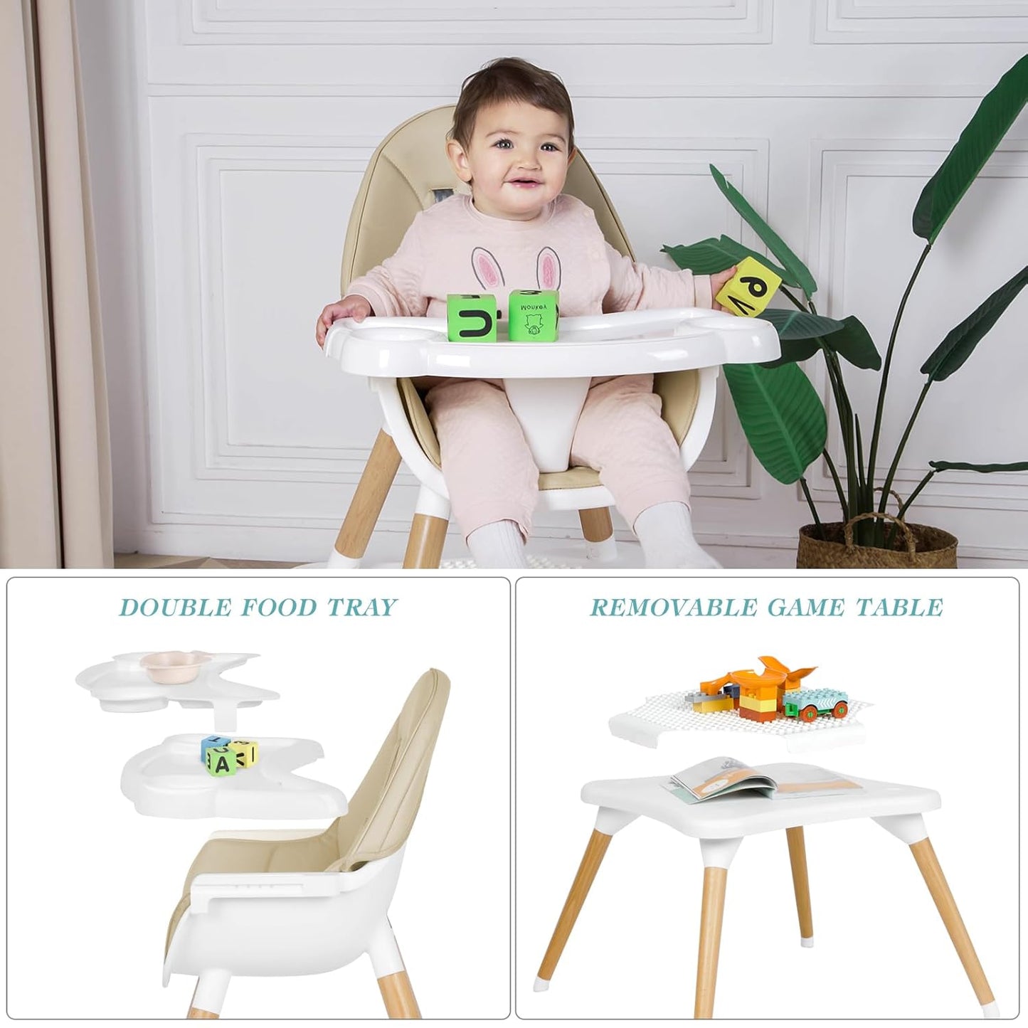 6 in 1 High Chair for Babies & Toddlers, Convertible Wooden Baby Highchair, Table and Chair Set, Baby Feeding Chair, 5-Point Adjustable Harness/4-Position Removable Tray& PU Seat Cushion(Beige)