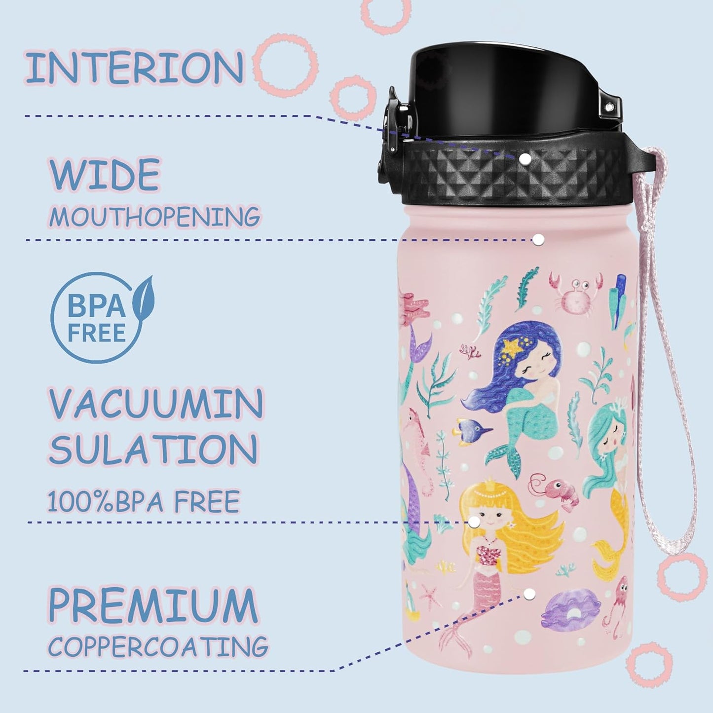 GOPPUS Kids Water Bottle (Straw Lid) - 14 Oz Stainless Steel Travel Bottle, Double Wall Vacuum Leak Proof Kids Cup for School Boys Girls,Happy Mermaids