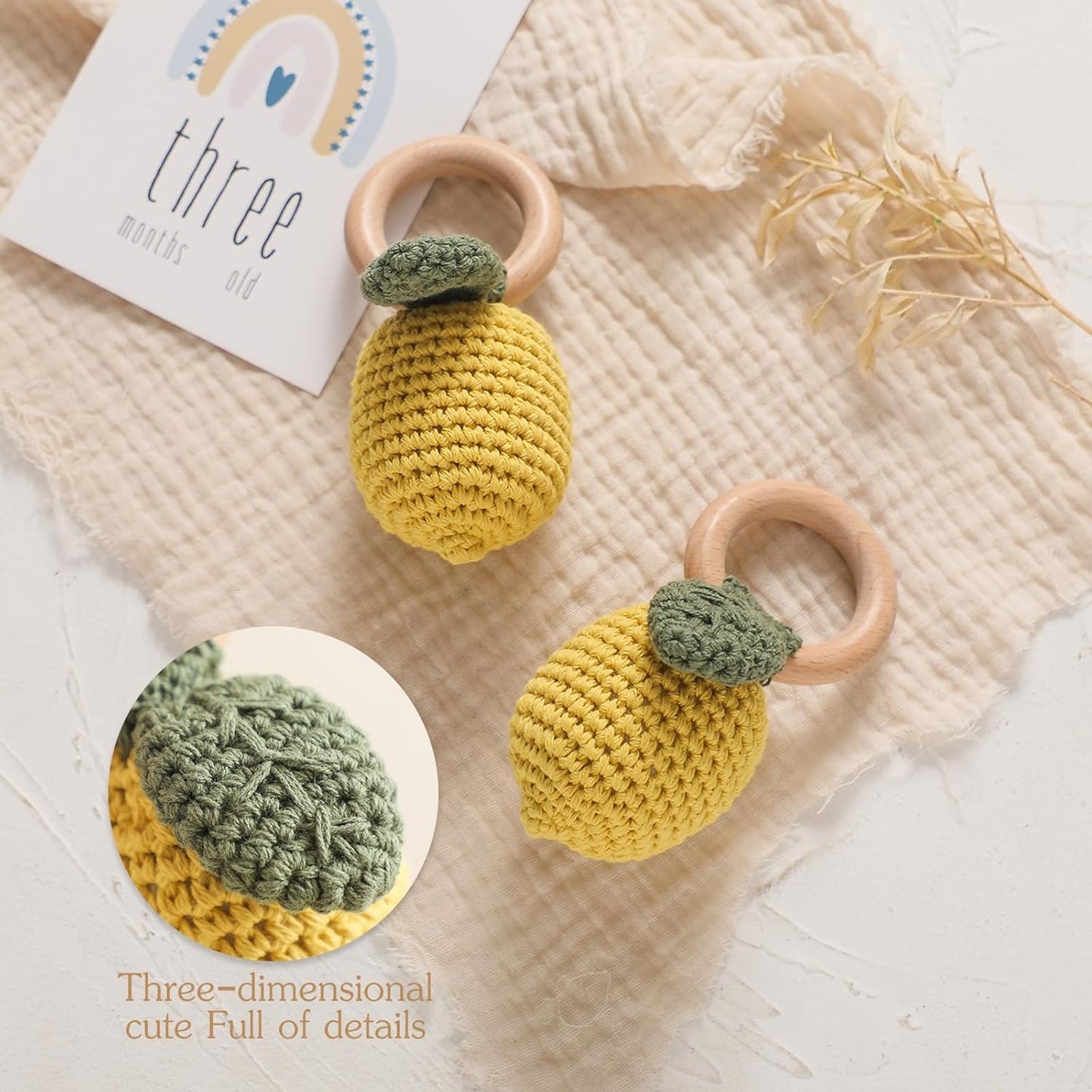 WOODEN TEETHER Crochet Baby Rattle, Crochet Baby Toys, Organic Wooden Newborn Toys, Newborn Animal Rattle Toys，Knitted Stuffed Animals Gifts for Baby, Lemon