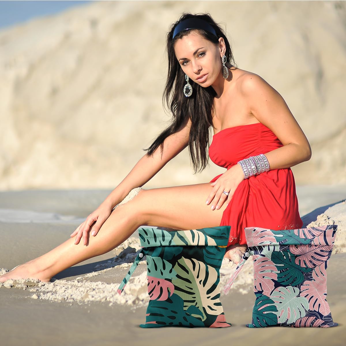 2Pcs Abstract Palm Leaves Wet Bag 12x10 Inch, Summer Greenery Waterproof Travel Laundry Bags, Washable Reusable Wet Dry Bag for Swimsuit Beach Diapers Dirty Yoga Gym Clothes, Plant Gifts for Women