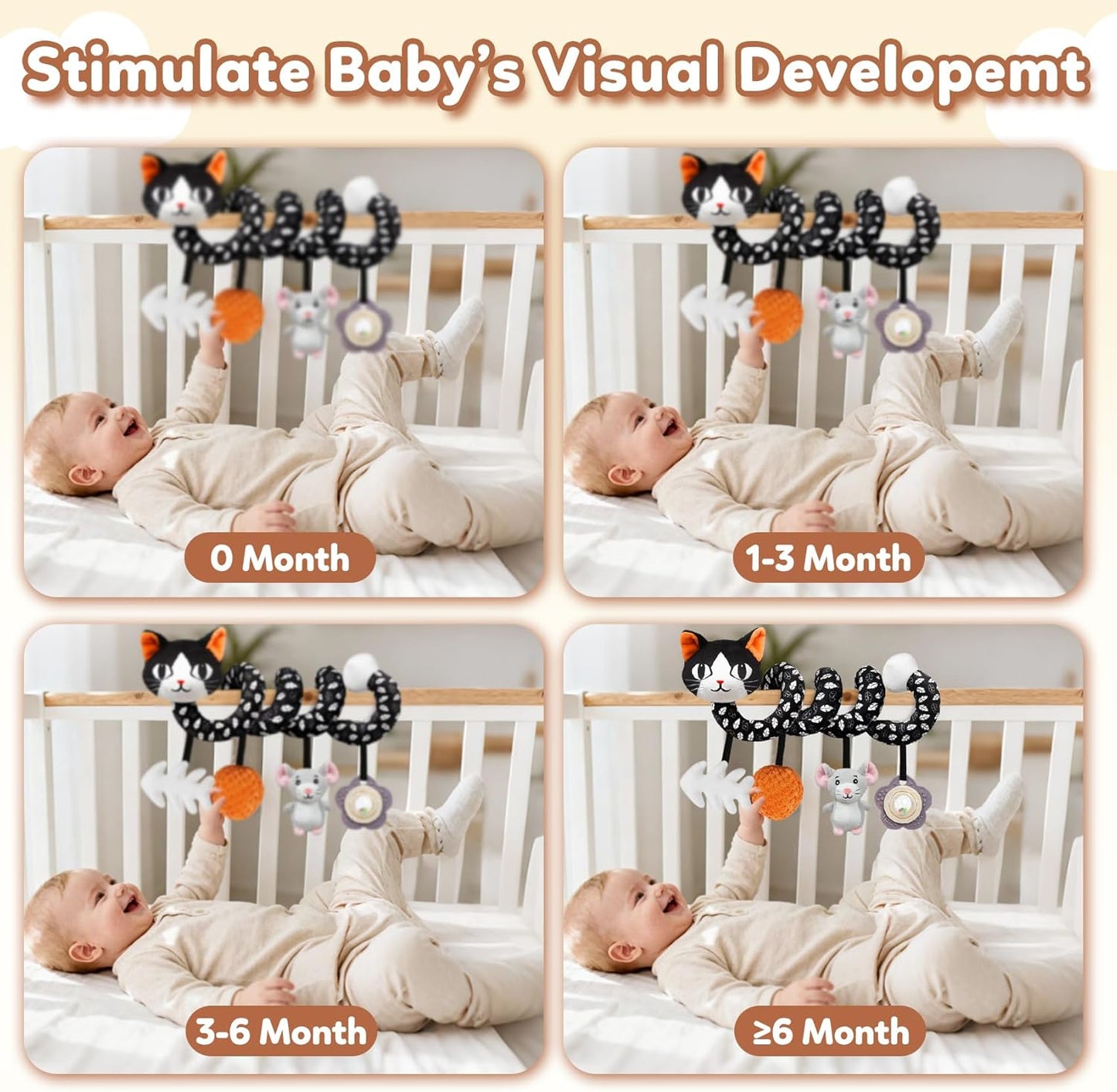 Baby Carseat Toy Black & White Rattle Spiral Hanging Activity Stroller Toy for Newborns Boys and Girls - Cat