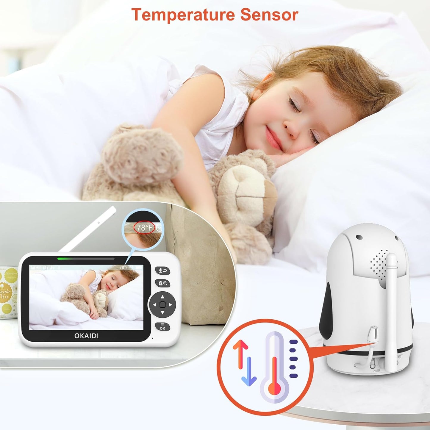 OKAIDI Video Baby Monitor with 2 Cameras, 5" Display Baby Monitor No WiFi, 30H Battery and 1000ft Range, Remote Pan-Tilt-Zoom Baby Camera, 2-Way Talk, 8 Lullabies, for Baby Pet Elderly