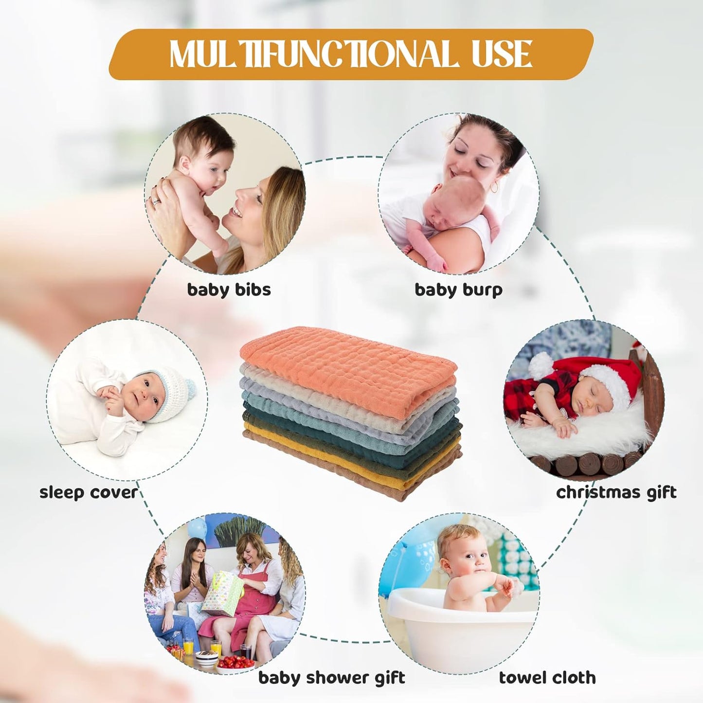 8 Packs Muslin Burp Cloths 6 Layers Unisex Baby Items Absorbent Burp Rags Colorful Muslin Washcloths for Baby Plain Soft Cotton Cloth for Babies Girls Boys, 10 x 20 Inch (Beautiful Colors)