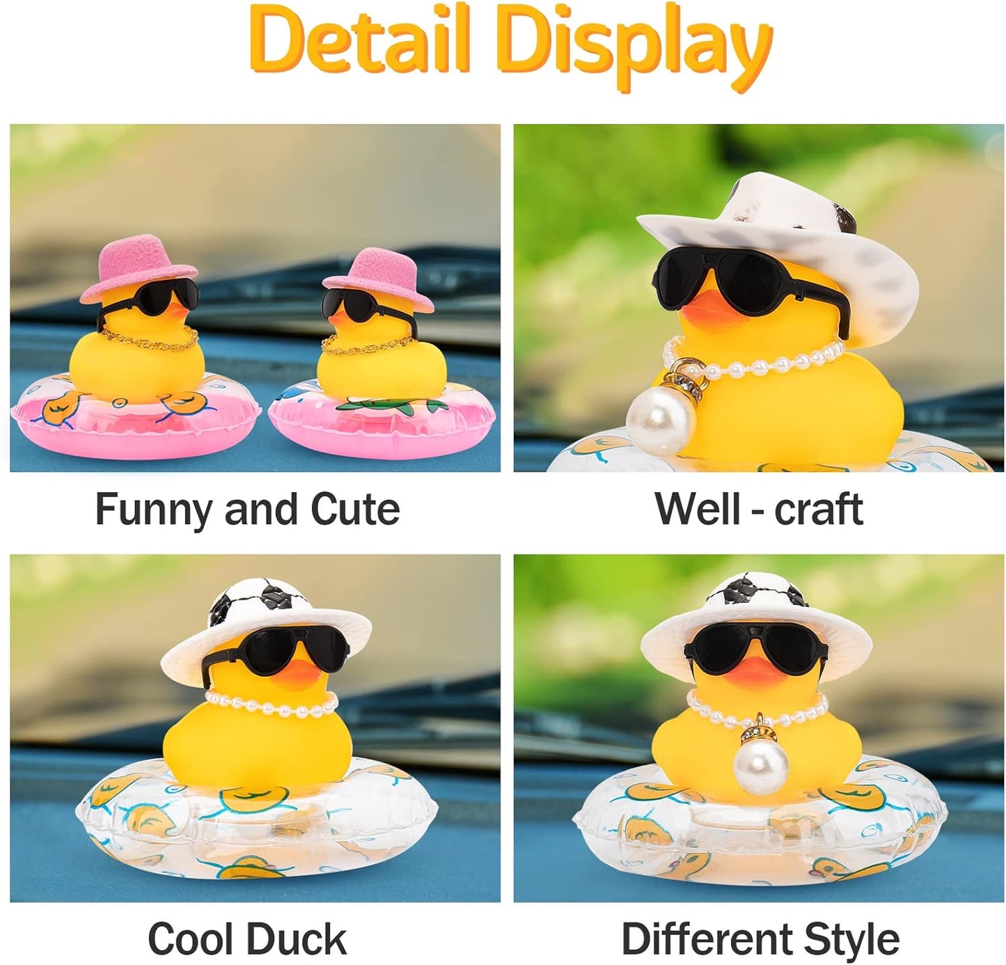 wonuu Car Rubber Duck, Yellow Duck Decoration Dashboard with Sun Hat Swim Ring Necklace Sunglasses for Car Dashboard Decorations, Black White Cowboy Hat-Transparent-Small Pearl