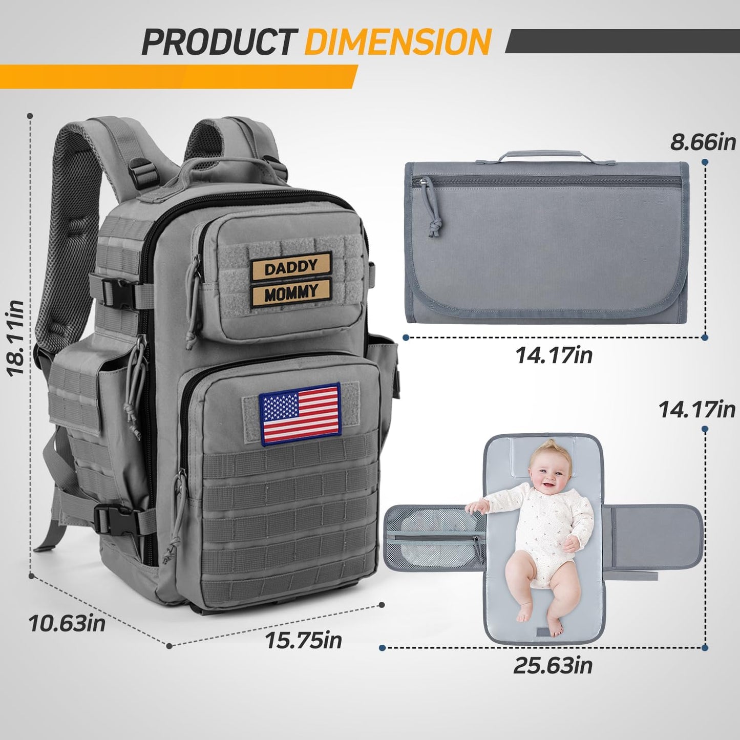 SHARKMOUTH Baby Diaper Bag for Dad - Large Military Daddy Gear Backpack with Changing Pad for Travel Camping Hiking - Newborn Baby Shower Gifts Gray
