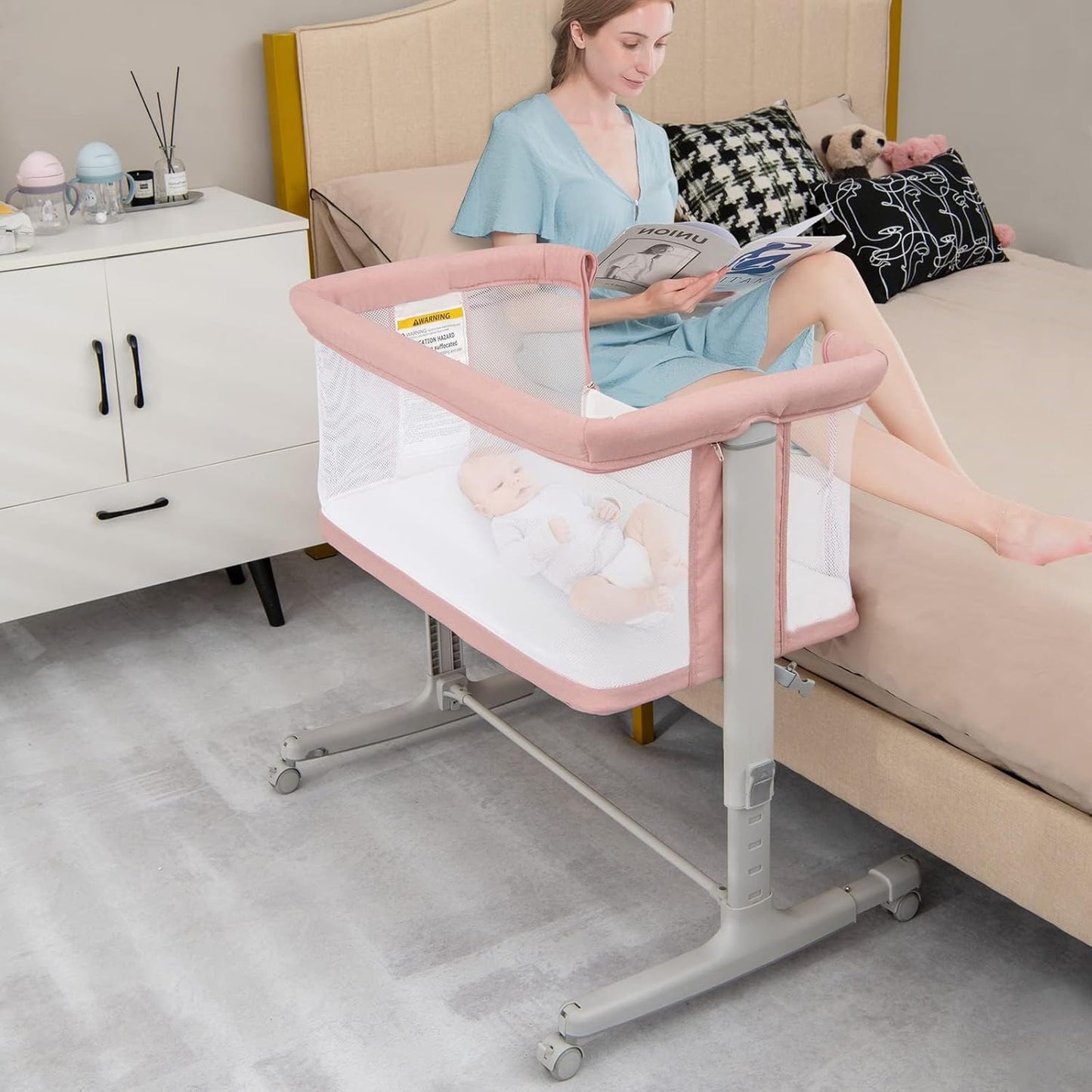 INFANS 3 in 1 Baby Bassinet, Bedside Sleeper for Newborn, Folding Crib with Mattress, Travel Bag, Wheels, 4-Sided Mesh, Easy to Assemble Cradle Co Sleeper Stationary, Rock (Pink)