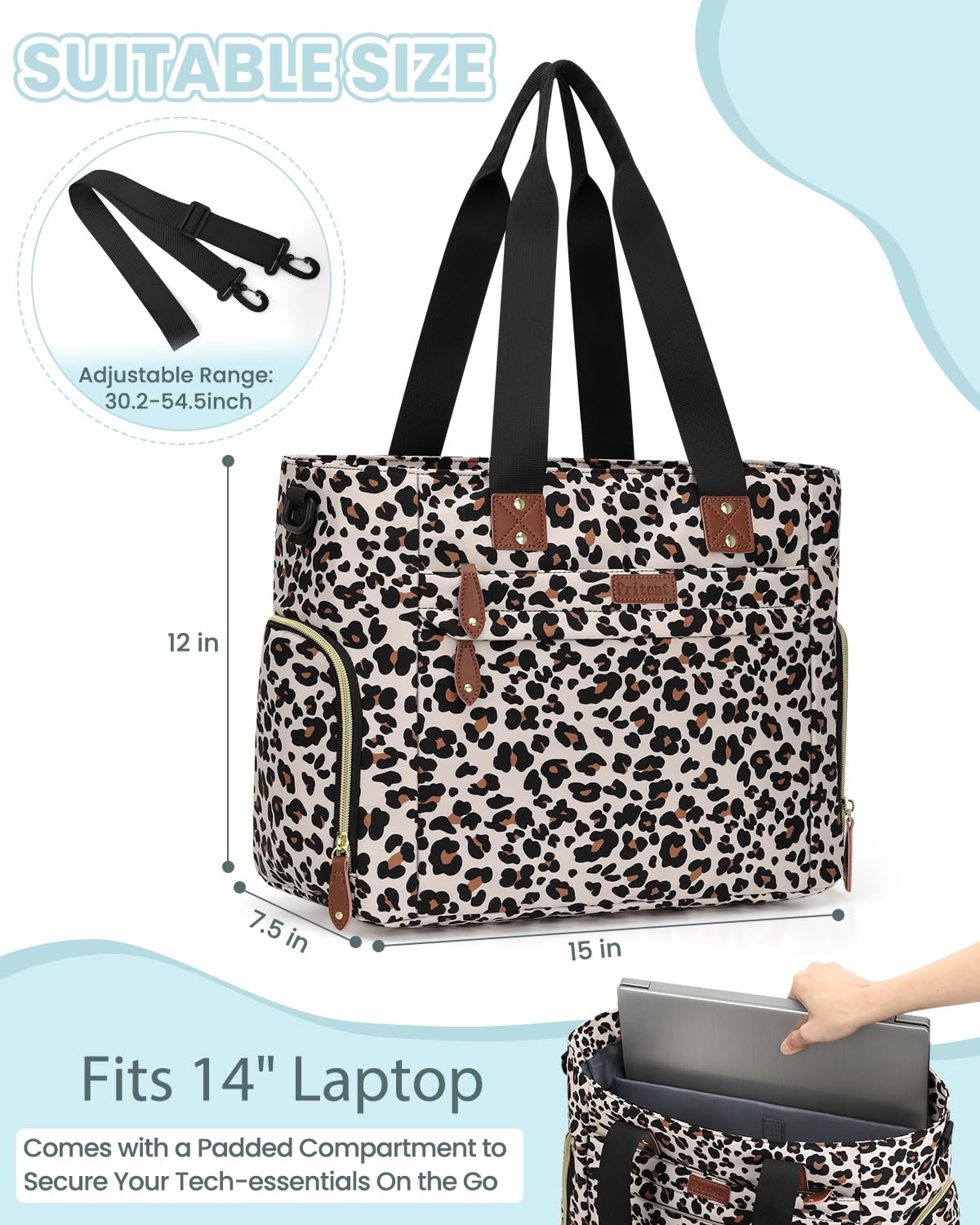 Diaper Bag Tote for Working Mom, Large Travel Diaper Tote for Mom and Dad with 14 Inch Laptop Sleeve, Mommy Maternity Travel Baby Bag for Boys and Girls, Leopard