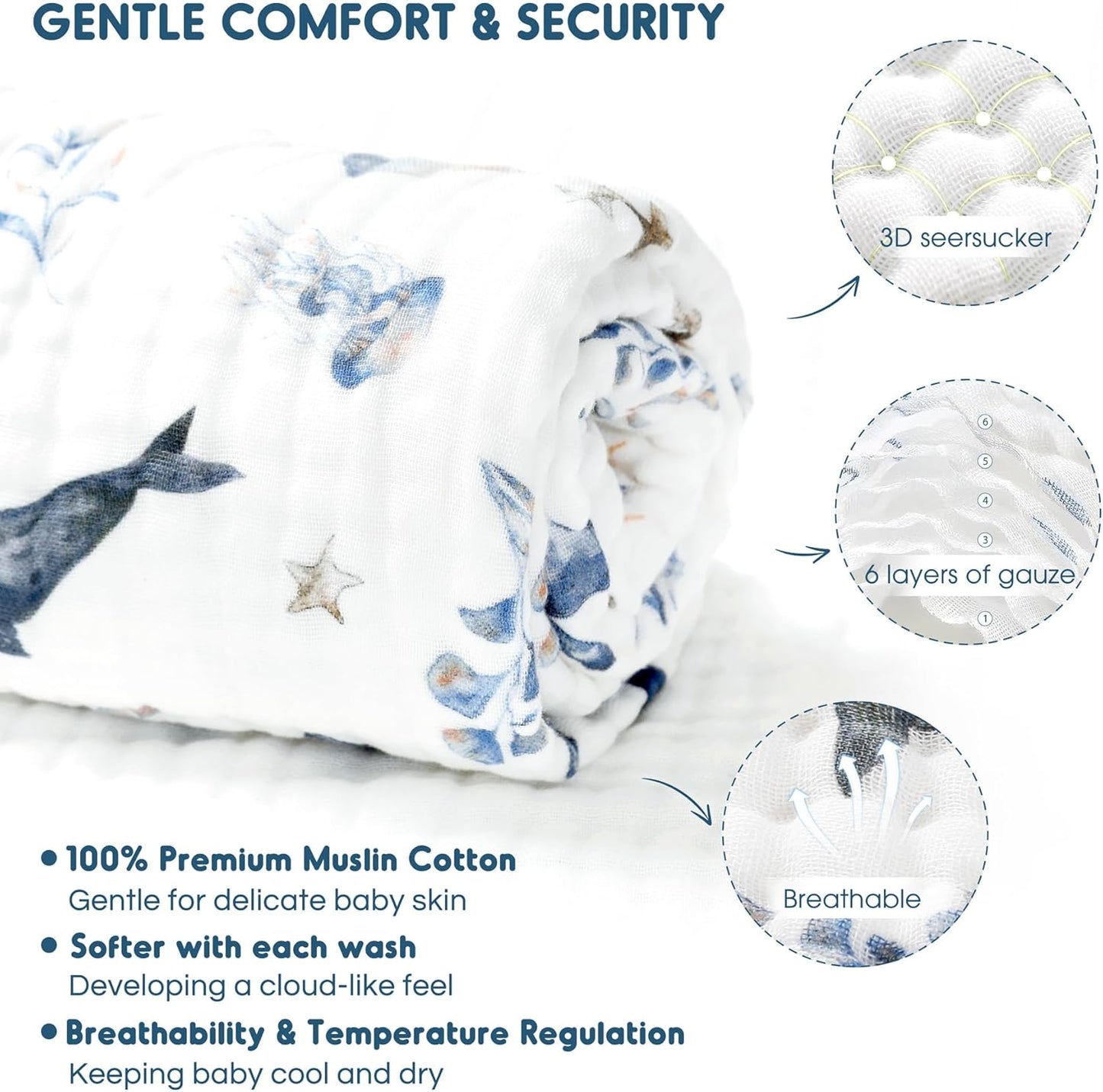 GRSSDER Ultra Soft Absorbent Muslin Cotton Baby Hooded Towel 2 Pack with Original Patterns, Extra Large Size 35"x 35" Swaddle Wrap for Newborn Infant and Toddler