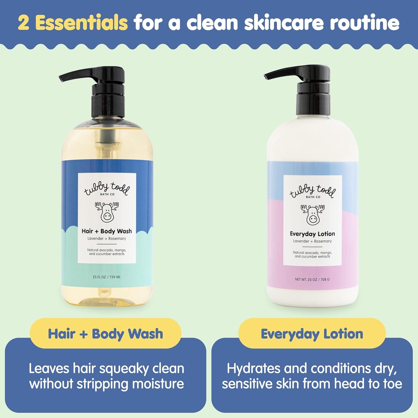 TUBBY TODD Baby Body Wash and Lotion Set - Gentle, Hypoallergenic Skincare for Newborns & Toddlers - 25oz, Lavender Rosemary