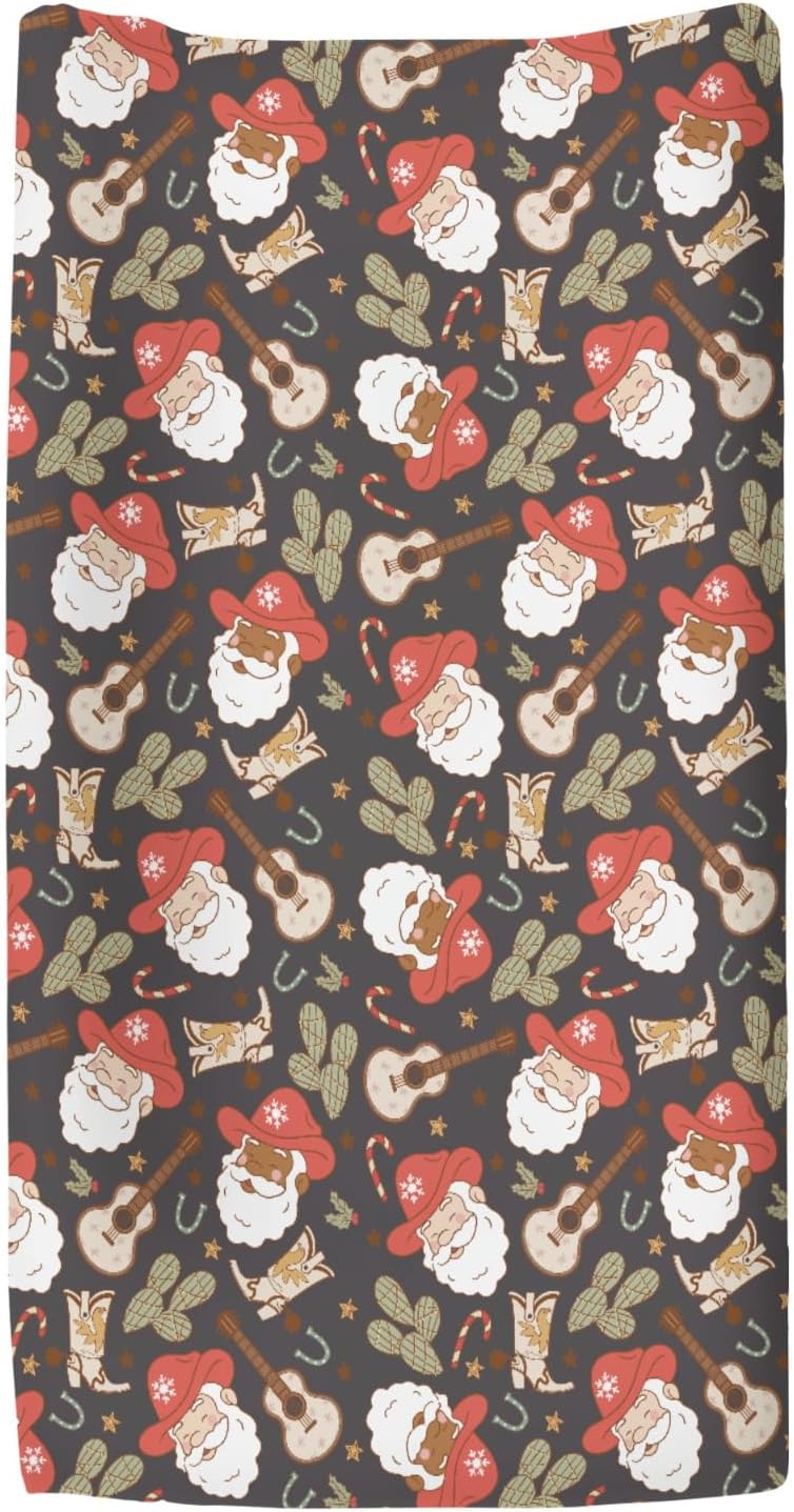 Christmas Western Cowboy Santa Baby Changing Pad Covers for Boy Girl Country Santa Cactus Boots Guitar Fitted Changing Table Mats Winter Holiday Festive Soft Diaper Change Table Sheets 32''×16''