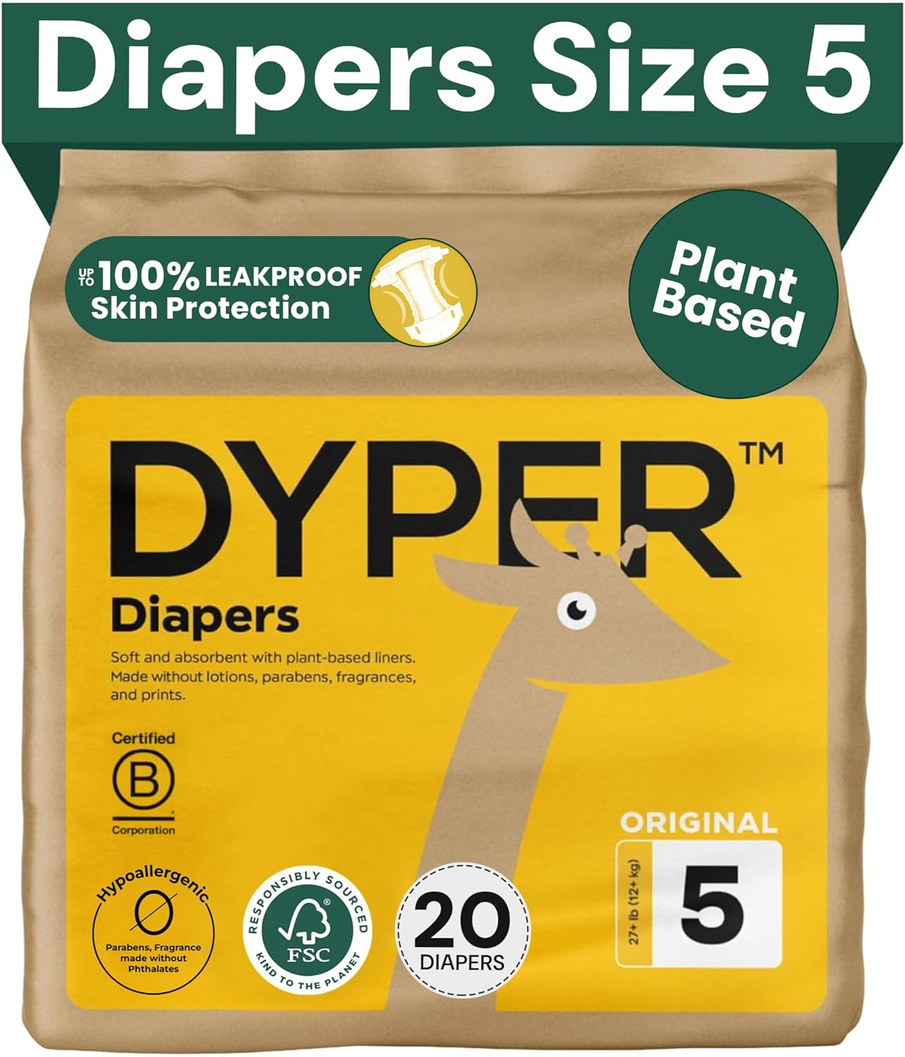 DYPER - Baby Diapers Premium Leak Protection Plant Based, Hypoallergenic Diaper for Day and Overnight Skin-Friendly Comfort | Soft Disposable Diapers (Size 5 (20 Diapers))