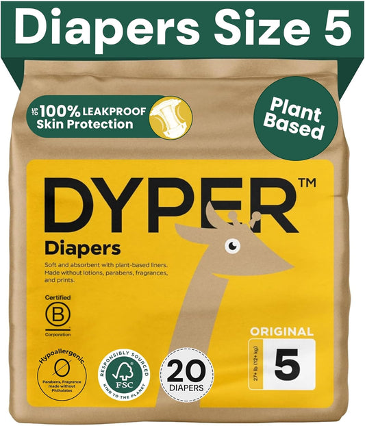 DYPER - Baby Diapers Premium Leak Protection Plant Based, Hypoallergenic Diaper for Day and Overnight Skin-Friendly Comfort | Soft Disposable Diapers (Size 5 (20 Diapers))