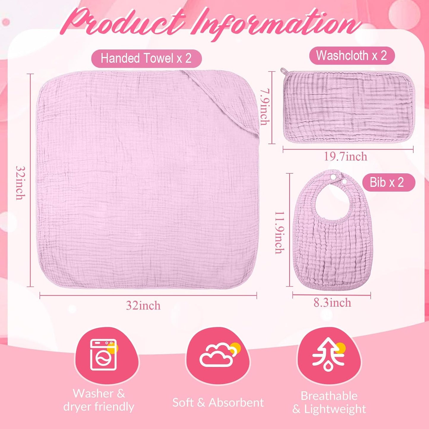 6 Pcs Muslin Hooded Bath Towels Washcloths and Bibs Set, Muslin Cotton Baby Towels Absorbent Hooded Blanket Towel Infant Bibs for Boys Girls Newborn Infant Essentials(White,Pink)